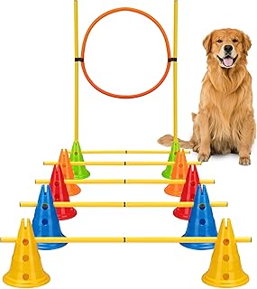 6 Sets Dog Agility Hurdle Cone Set, Adjustable Obstacle Training for Puppy, Pet Crossbar Combo for Beginners for Backyard, 5 Sets x Pole Obstacles,1 Set x Hoop Jump