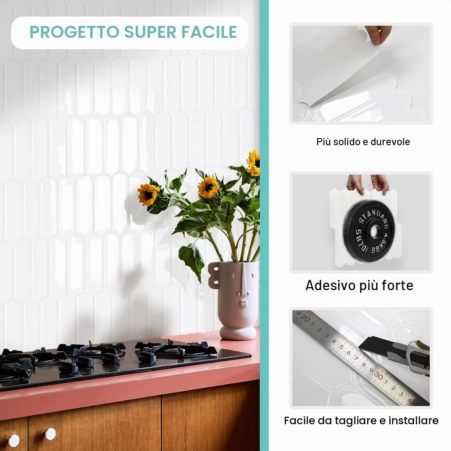 Commomy Più Spessi Piastrelle adesive Cucina,10 pezzi,30,5 x 30,5 cm | Bianco Paraschizzi Mattonelle Adesivi Cucina Bagno Vinile 3D Metro, Mattonelle Decorative 3D per Parete Impermeabili