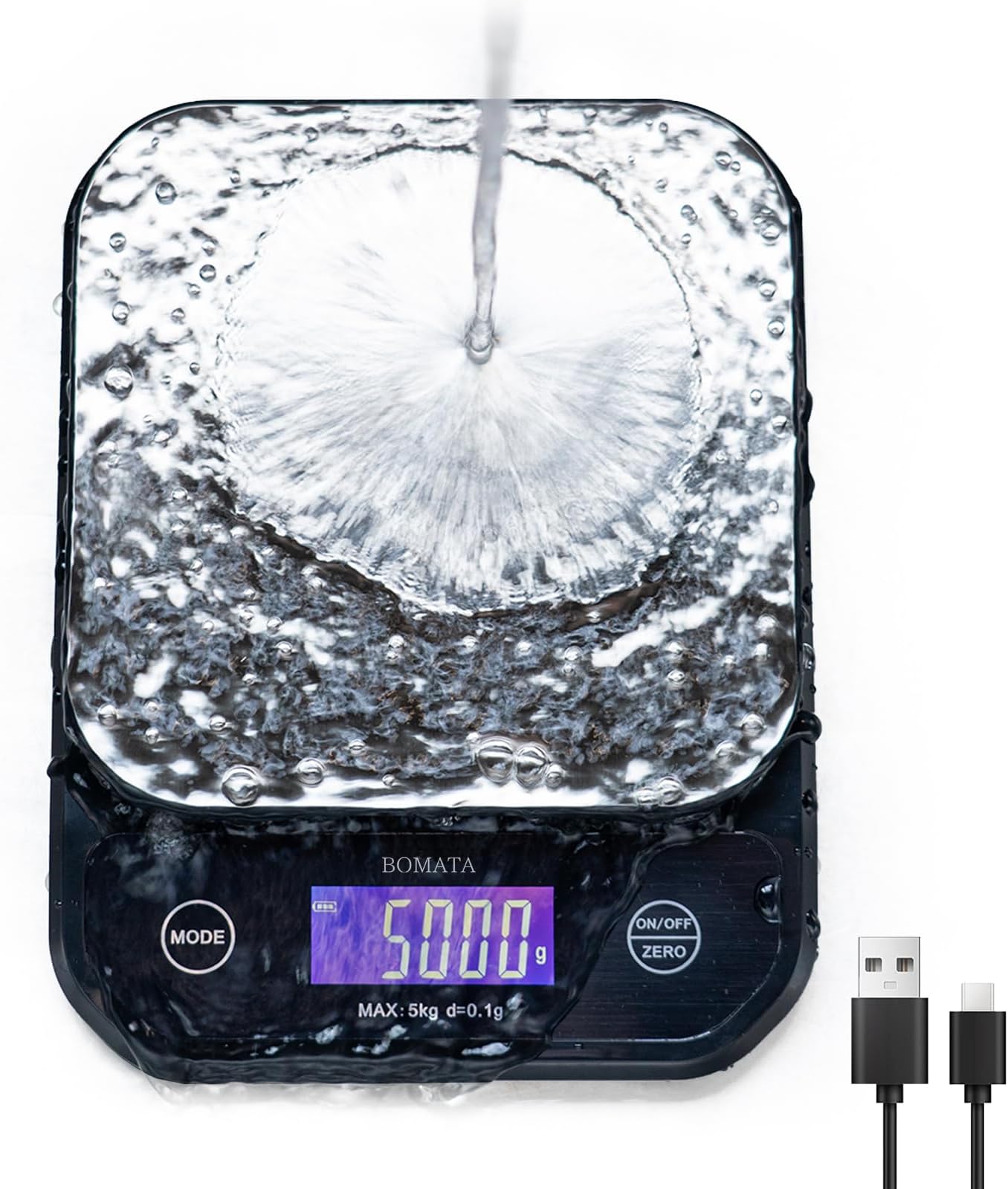 BOMATA Waterproof IPX6 Kitchen Scale, 0.1g High Precision,Max 5kg, Washable, TYPE-C Rechargeable, Stainless Steel Weighing Platform, Digital Scale for Food，Cooking, Baking, Weight Loss, etc.……