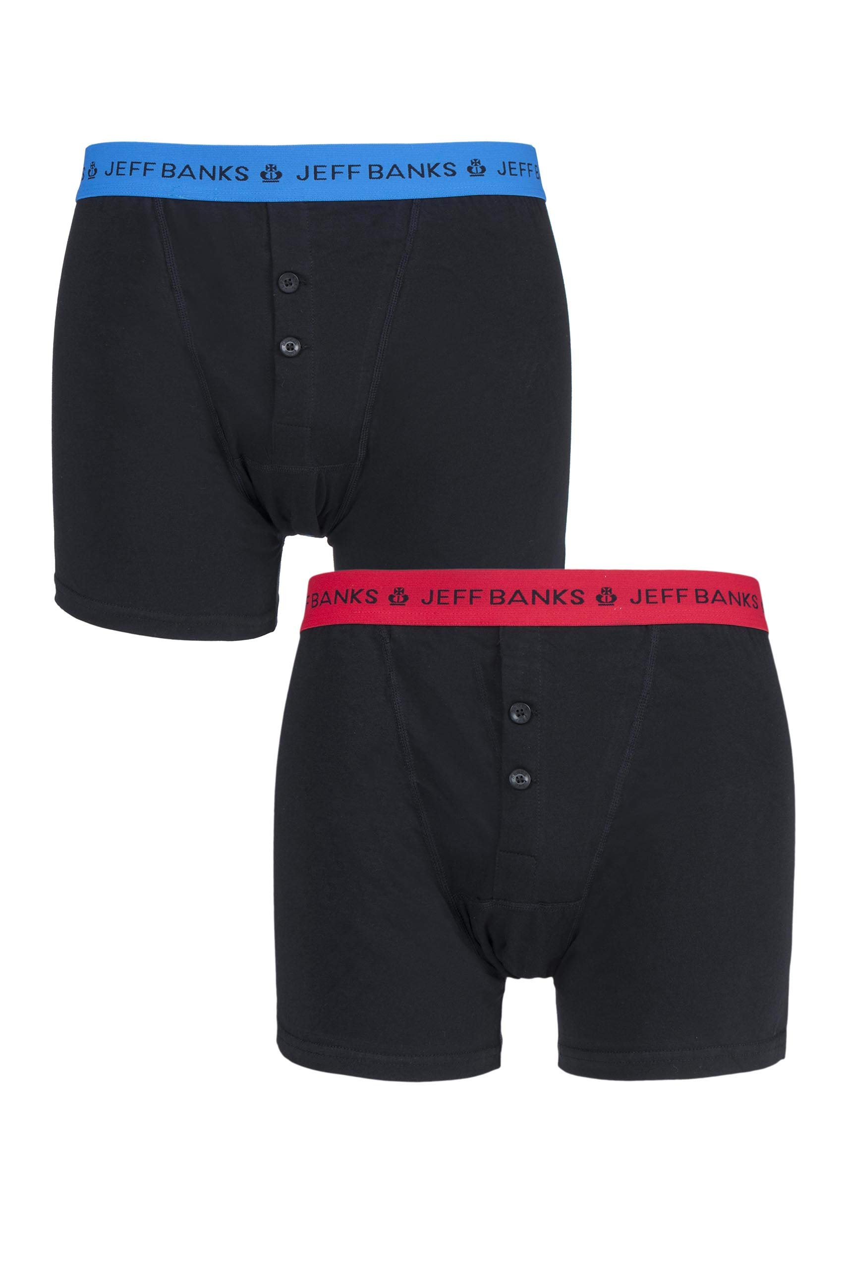 Jeff Banks Men's Black / Blue / Red 2 Pack Plymouth Button Cotton Boxer Shorts Small Black/Blue/Red