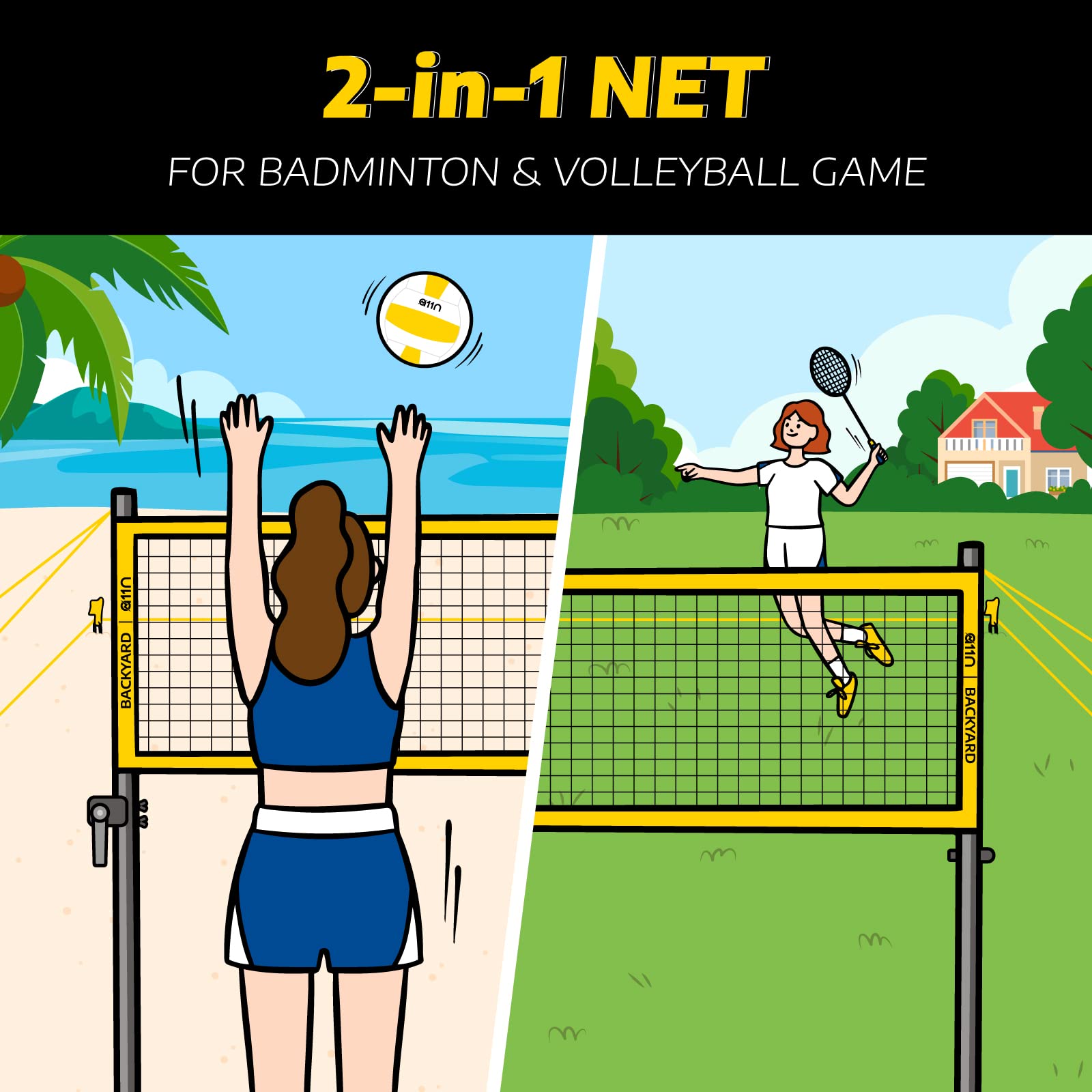 A11N Outdoor Volleyball and Badminton Combo Set Includes Adjustable