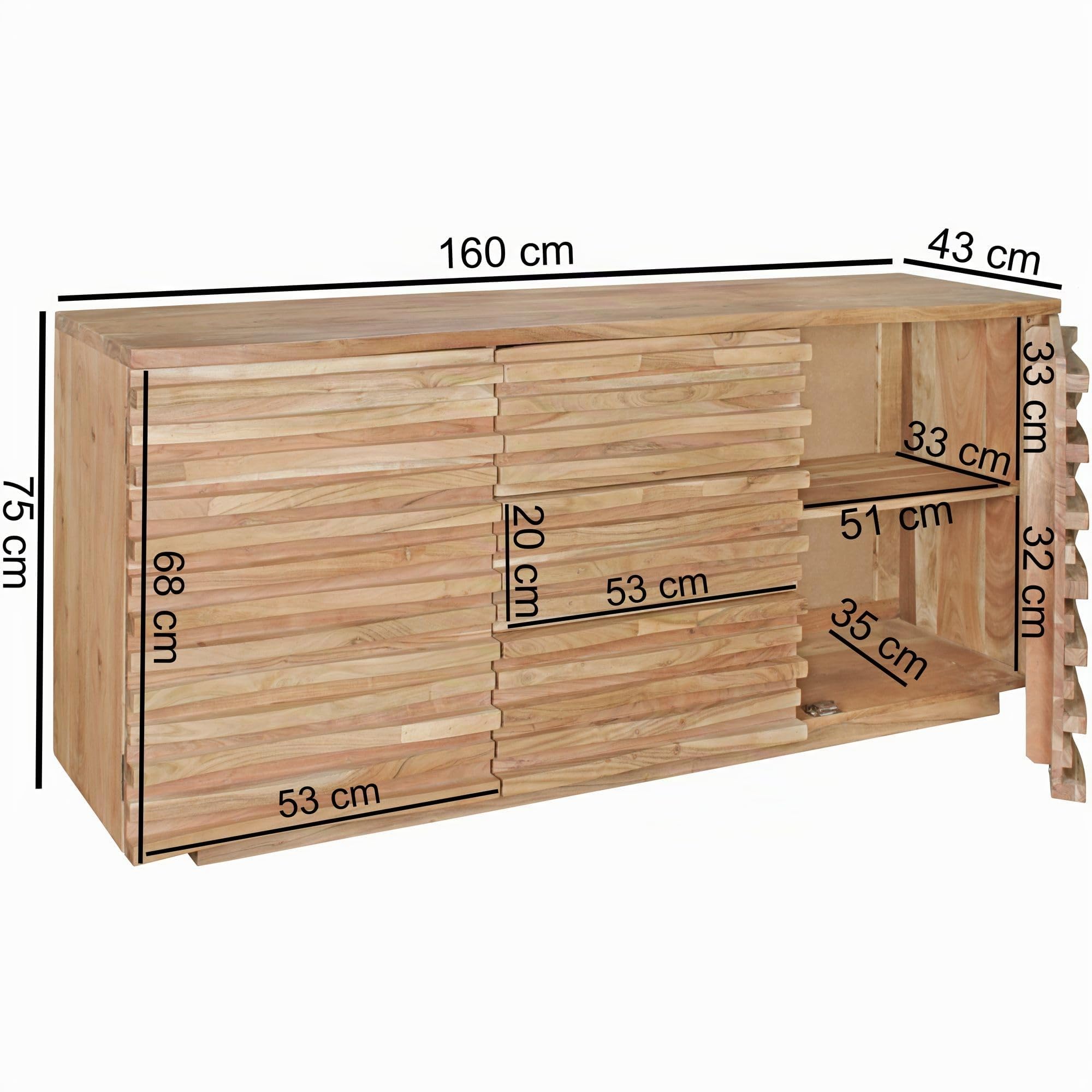 FineBuy Sideboard 160x43x75 cm Akazie Massivholz, 2 Türen und 3 Schubladen
