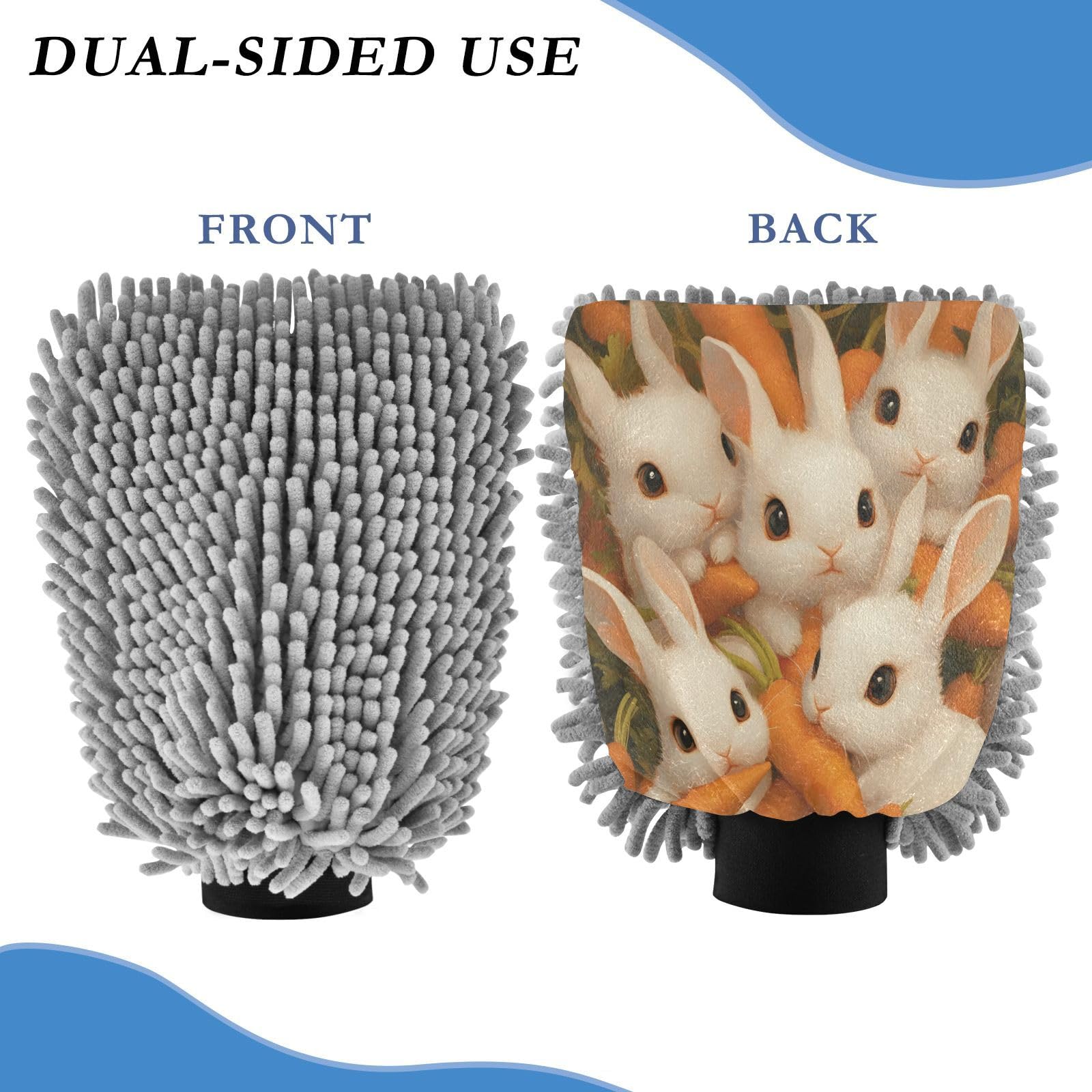 STAYTOP Rabbit and Carrot Car Wash Mitt Microfiber, 2Pcs Scratch Free Lint-Free, Premium Chenille Microfiber Mitt Car Wash Brush-L