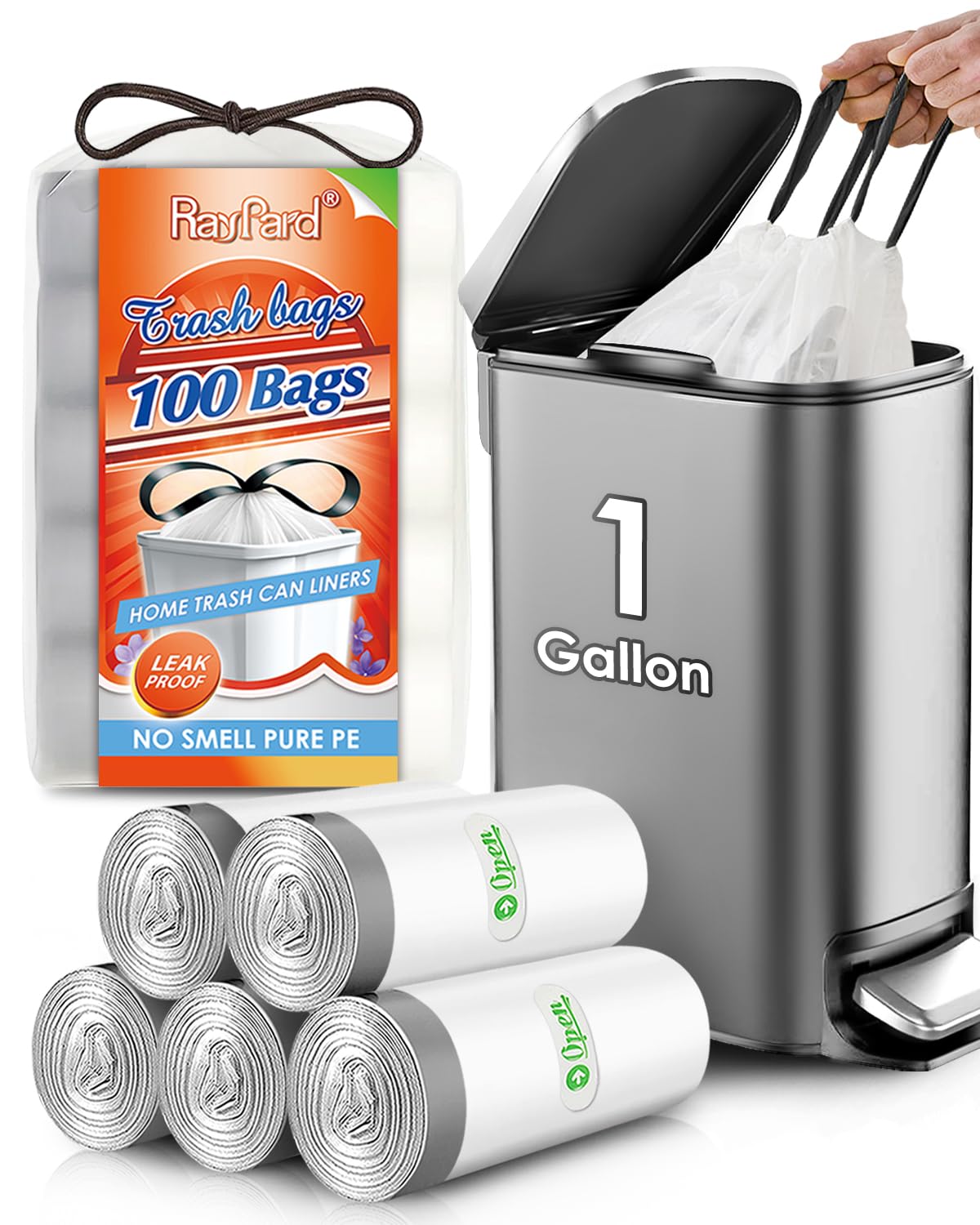 RayPard 1 Gallon 100 Counts Strong Drawstring Trash Bags Garbage Bags , Code R, Small Trash Bin Liners for Home Office Kitchen Bathroom Bedroom,White