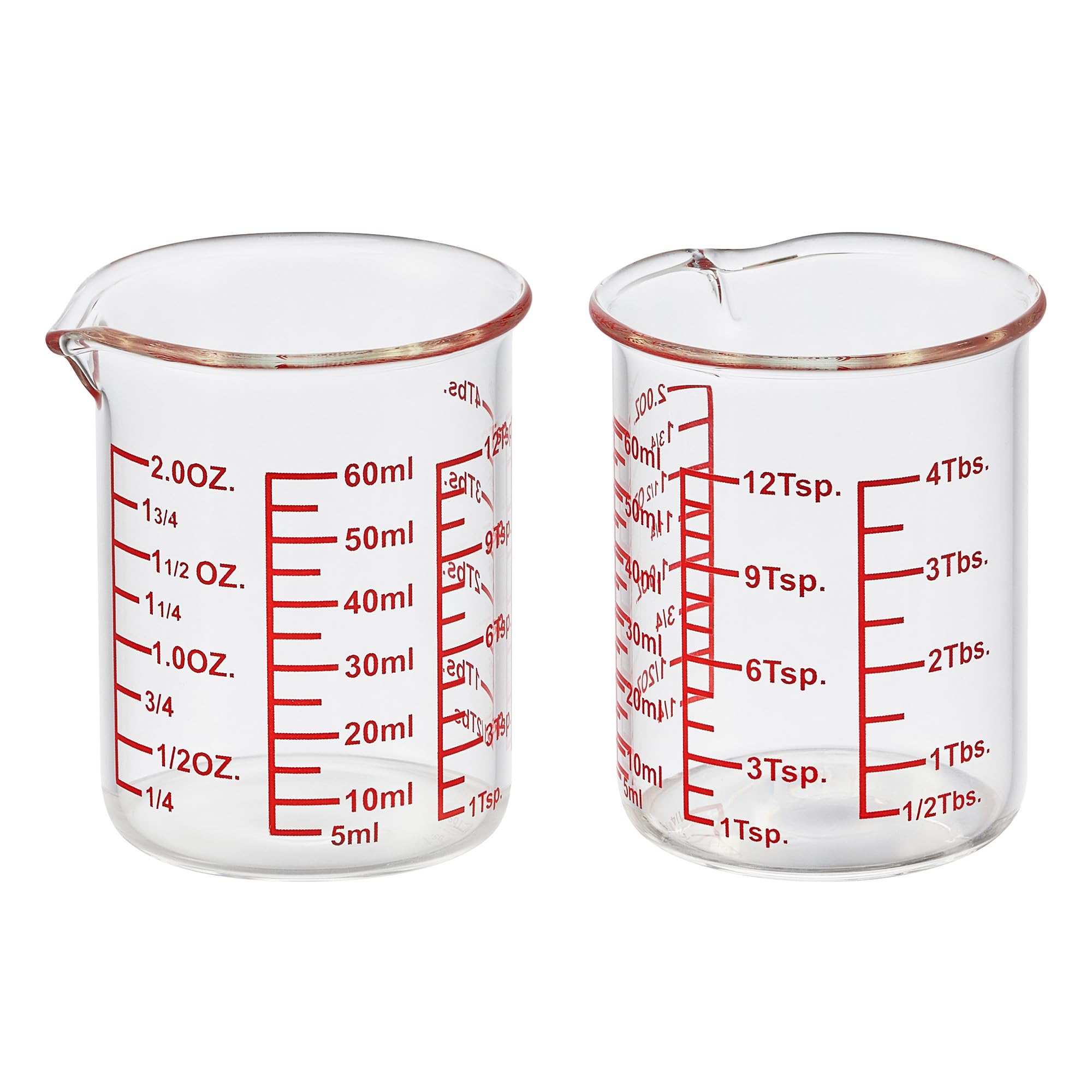 High Borosilicate Glass Measuring Cup-V-Shaped Spout，Glass Measuring Beaker for Kitchen or Restaurant, Easy to Read, 60 ML (2 Oz)-Pack of 2