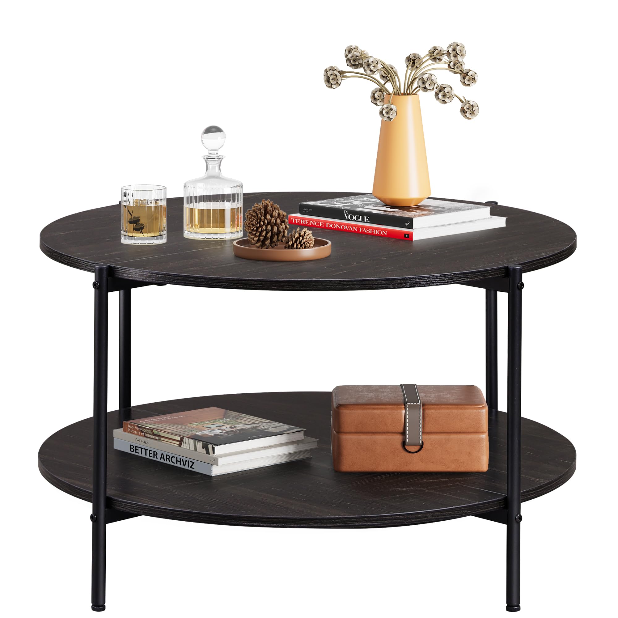WLIVE Round Coffee Table for Living Room 32 6 Small Coffee Table with Open Storage Shelf 2-Tier Industrial