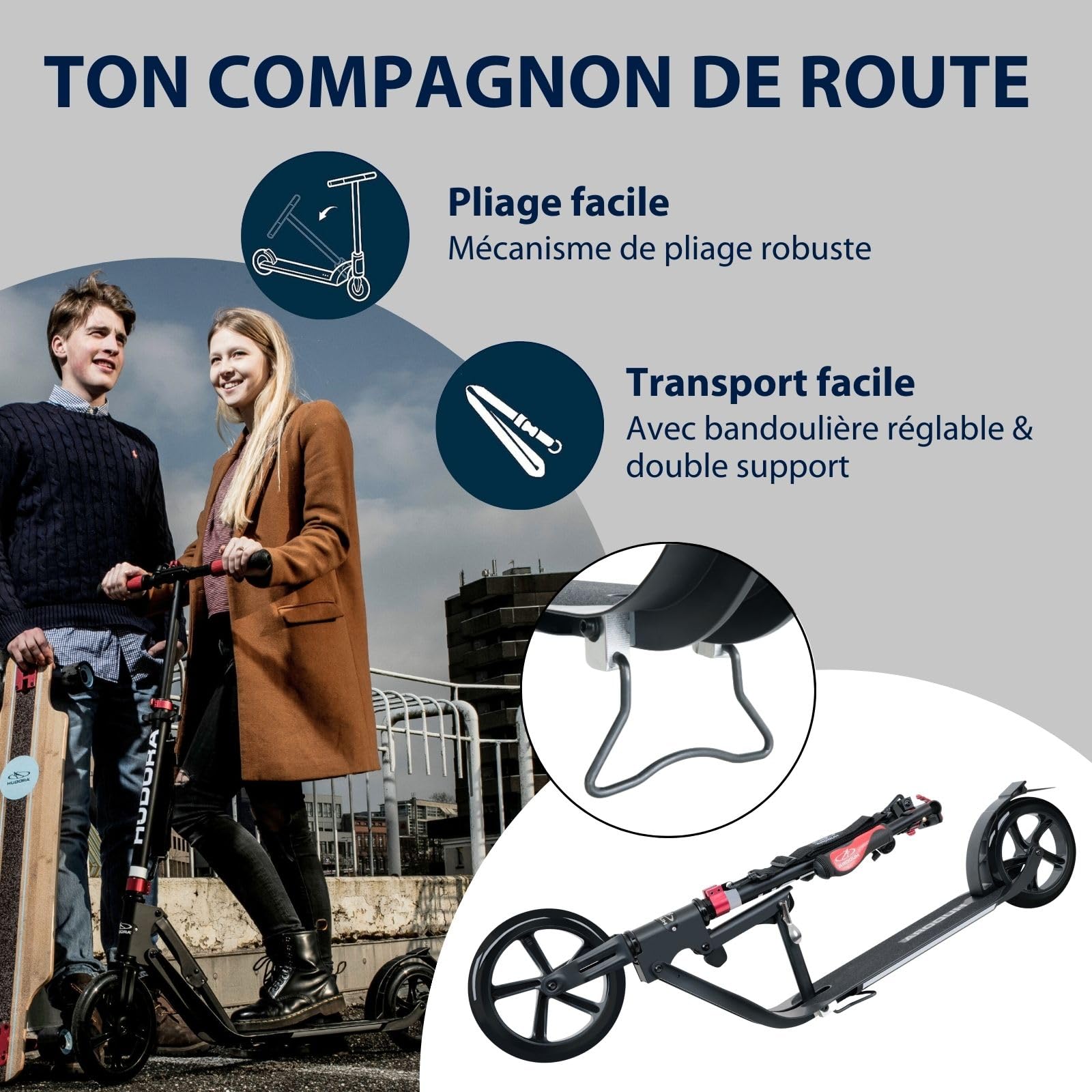HUDORA BigWheel Scooter Style 230 - Trottinette stable en aluminium avec une grande plateforme - Réglable en hauteur et pliable - Pour adolescents et adultes jusqu'à 120kg