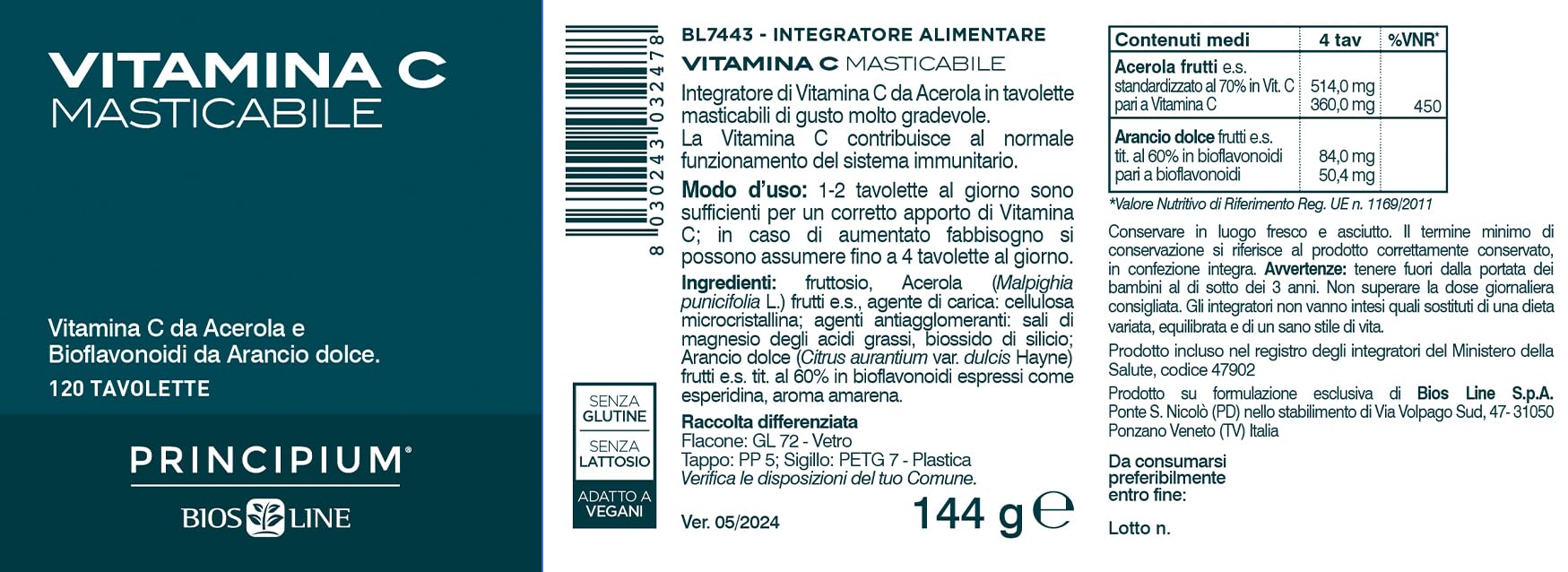 BIOS LINE Principium Vitamina C Masticabile, Integratore Alimentare Naturale di Vitamina C, Gusto Amarena, 120 Tavolette Masticabili