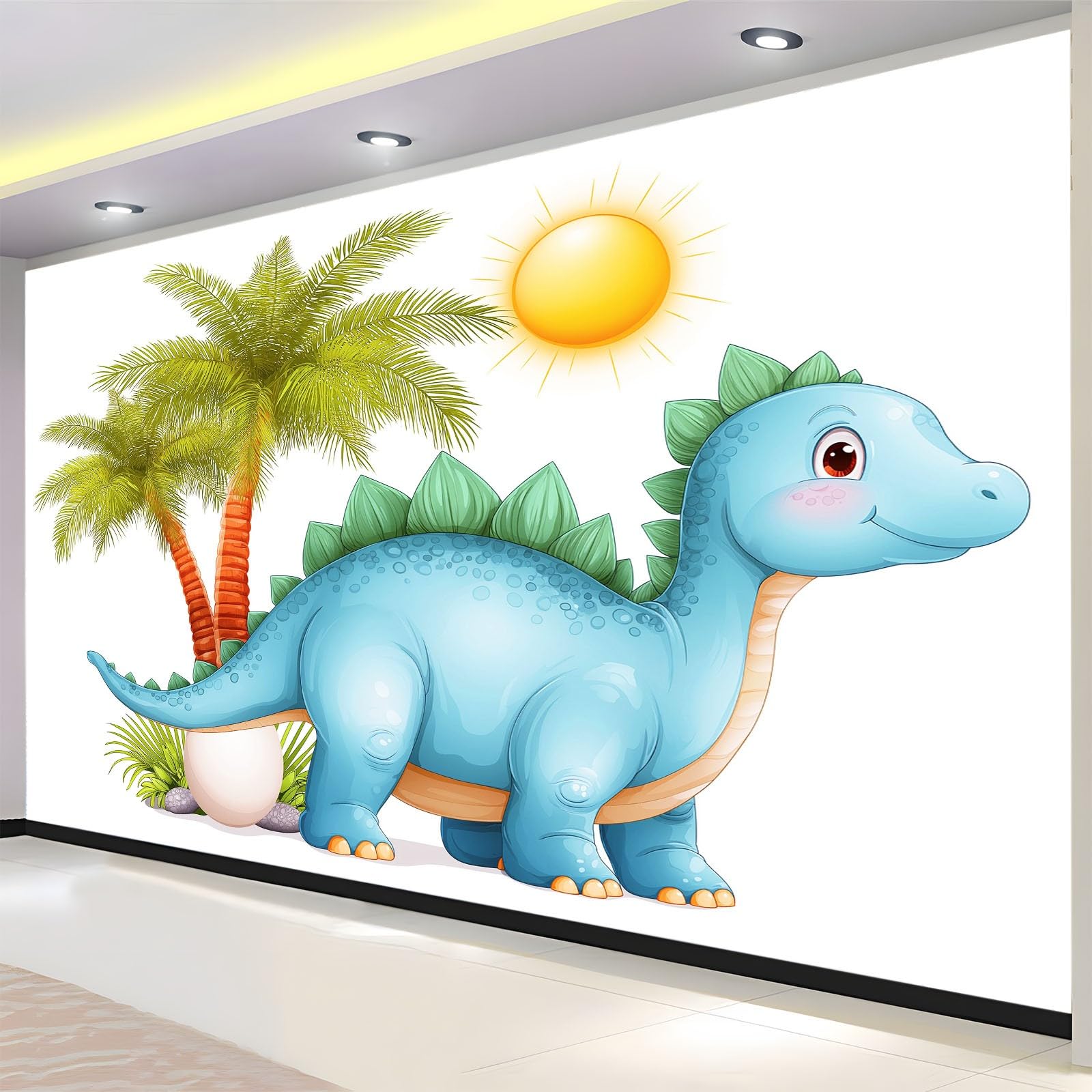 Panoramiczna tapeta Kreskówkowy dinozaur, biała włóknina ścienna tropikalne rośliny 350 x 256 cm dekoracja ścienna plakat obrazy ścienne - obraz 3D gobelin do salonu pokój dziecięcy
