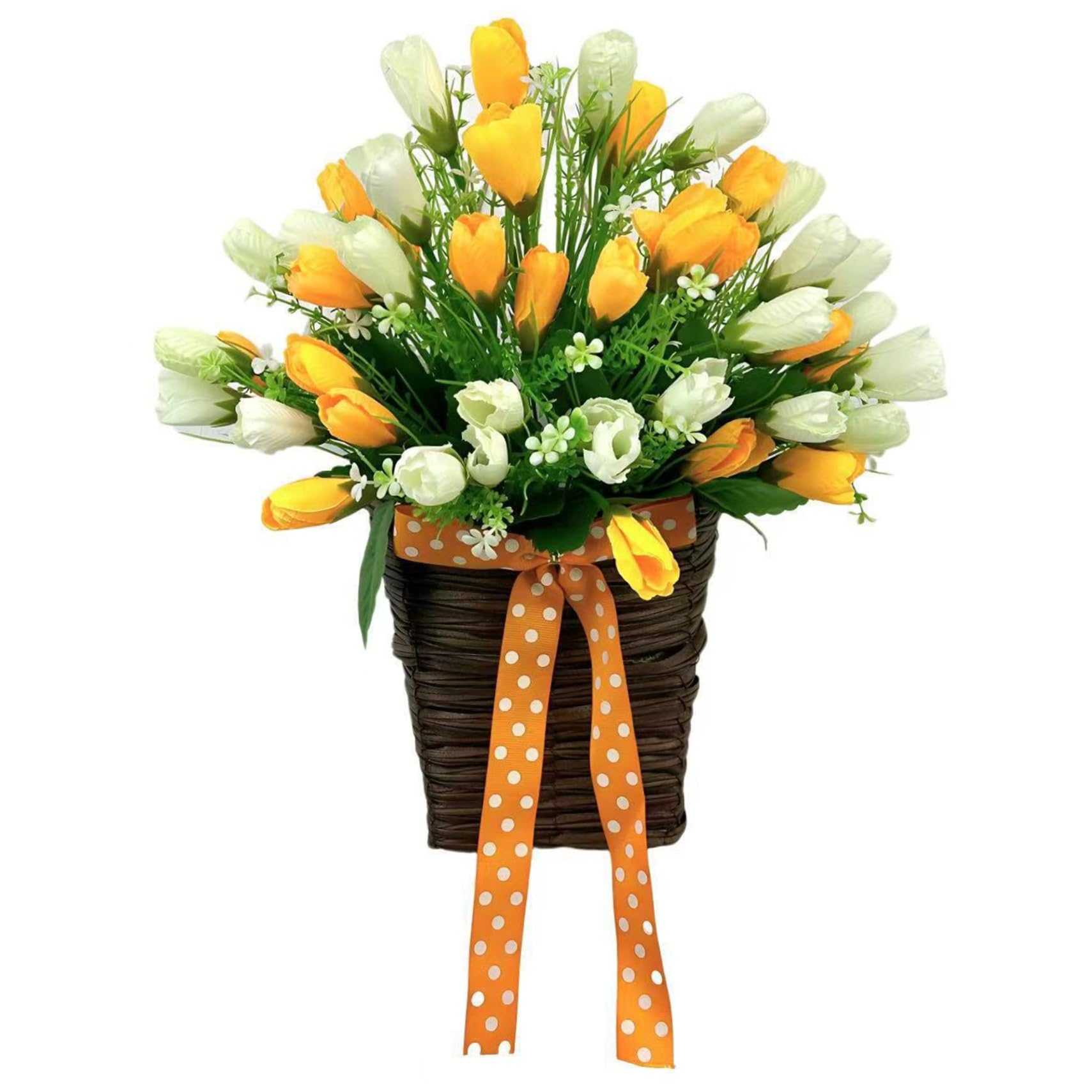 Tsawntd Wreaths, Basket Wreaths for Front Door, Artificial Tulips Hanging Decor with Woven Basket, Easy to Hang Spring Summer Door Wreath, Orange & White