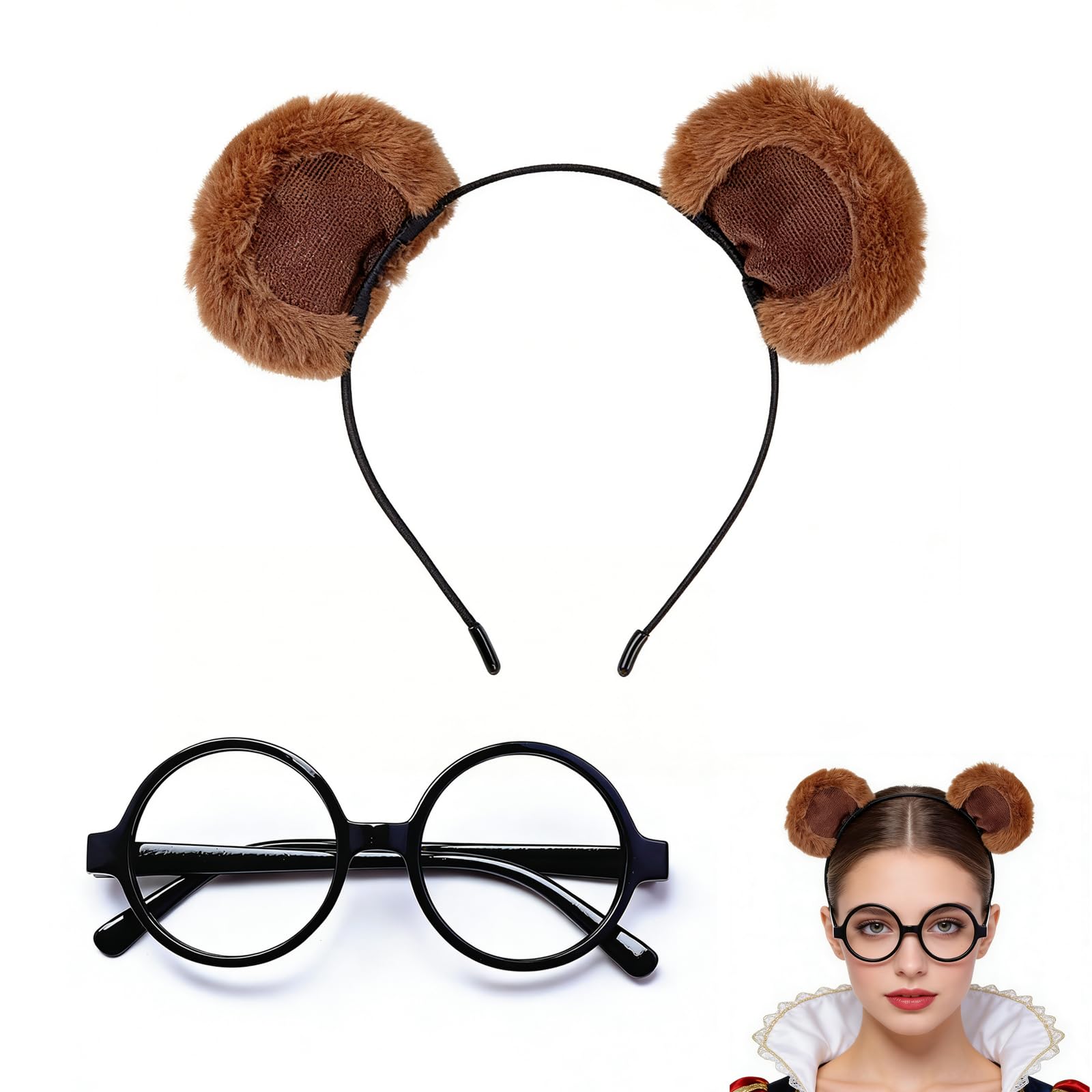 Bear Ears Headband with Glasses Frame, Brown Plush Hair Clip & Black Glasses, Complete Costume Accessory for Cosplay Carnival