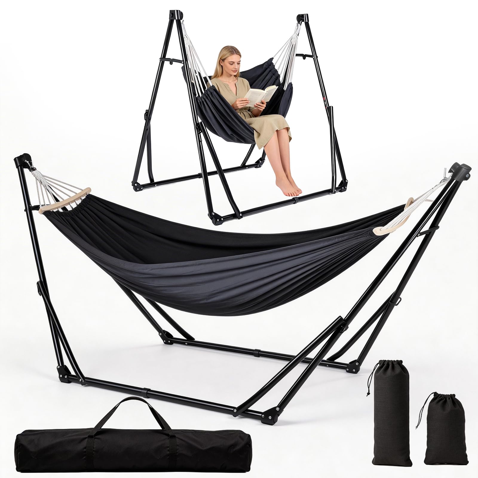 Hamaca y Sillón Colgante con Soporte Plegable, Set de Soporte de Hamaca Portátil de Doble Uso para Interior y Exterior Jardín Terraza Patio Camping Cubierta