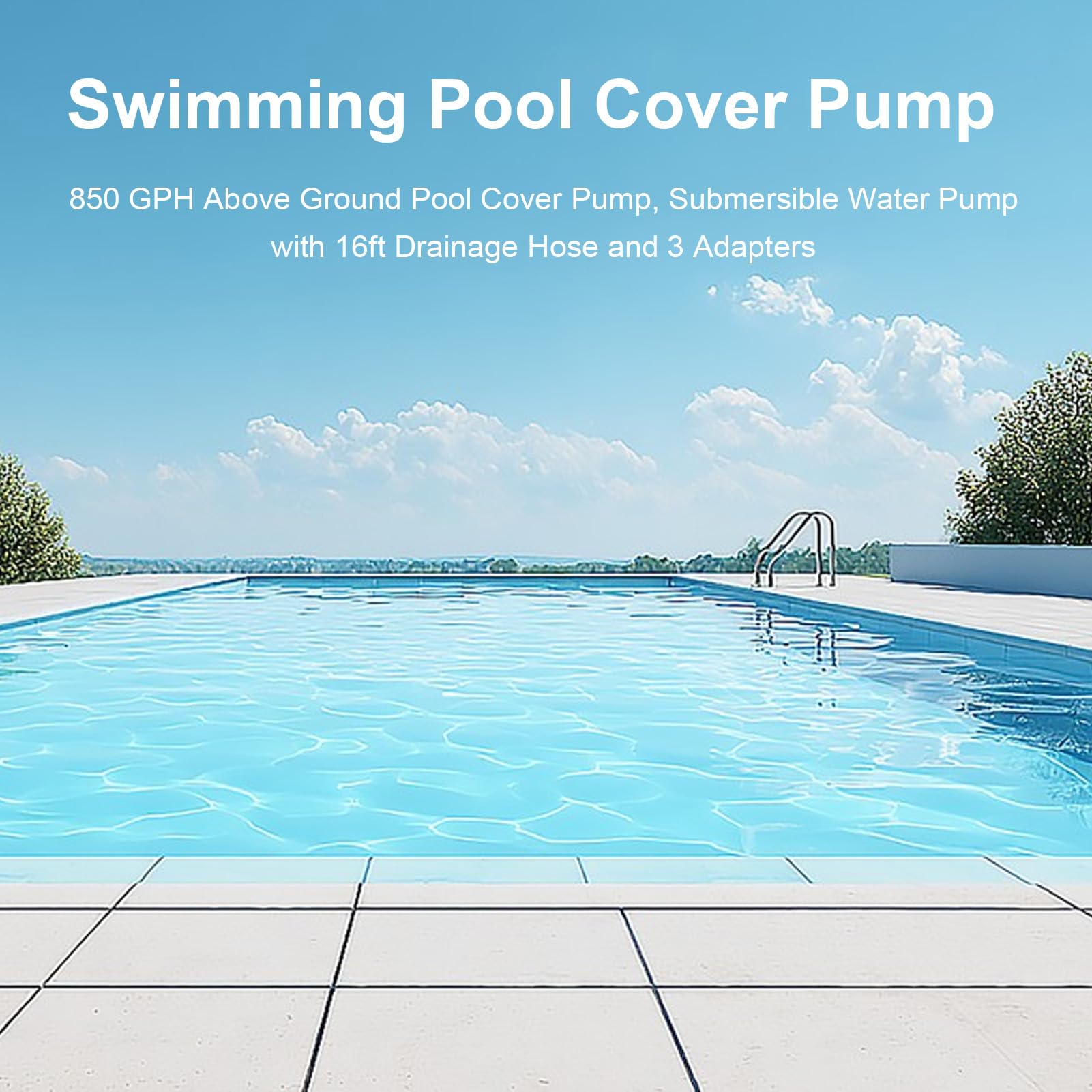 Luocute Bomba de Cubierta para Piscina, Bomba de Agua Sumergible Automática de 850 GPH con Manguera de Drenaje de 16 Pies y 3 Adaptadores, para Piscinas sobre el Suelo, Sótanos (Enchufe europeo