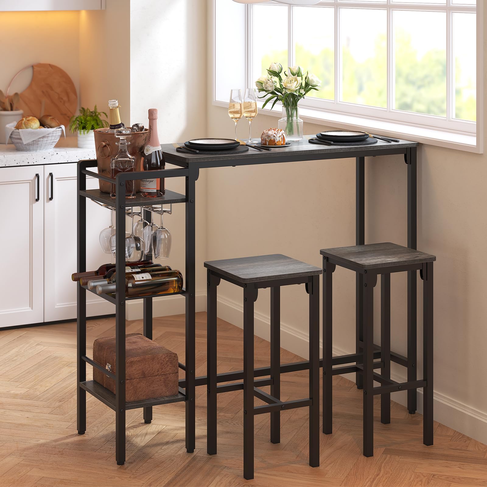 Juego de mesa de bar y sillas para cocinas y apartamentos pequeños, juego de mesa de comedor que ahorra espacio para 2, 3 estantes de almacenamiento con estante de vino integrado, juego de mesa 3