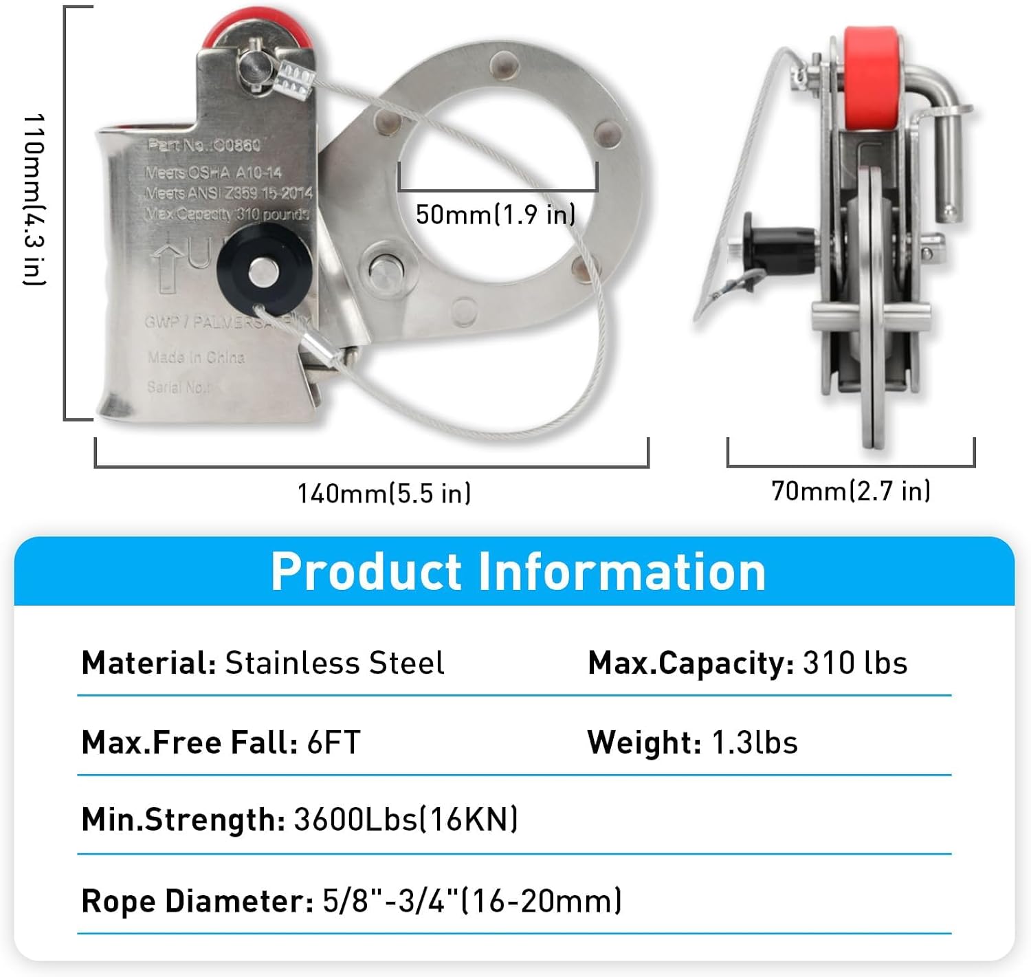 Rope Grab Fall Protection Automatic Energy Absorbing, Used with 5/8” - 3/4” Lifeline Rope, Automatic Lock System, Comply to ANSI/OSHA
