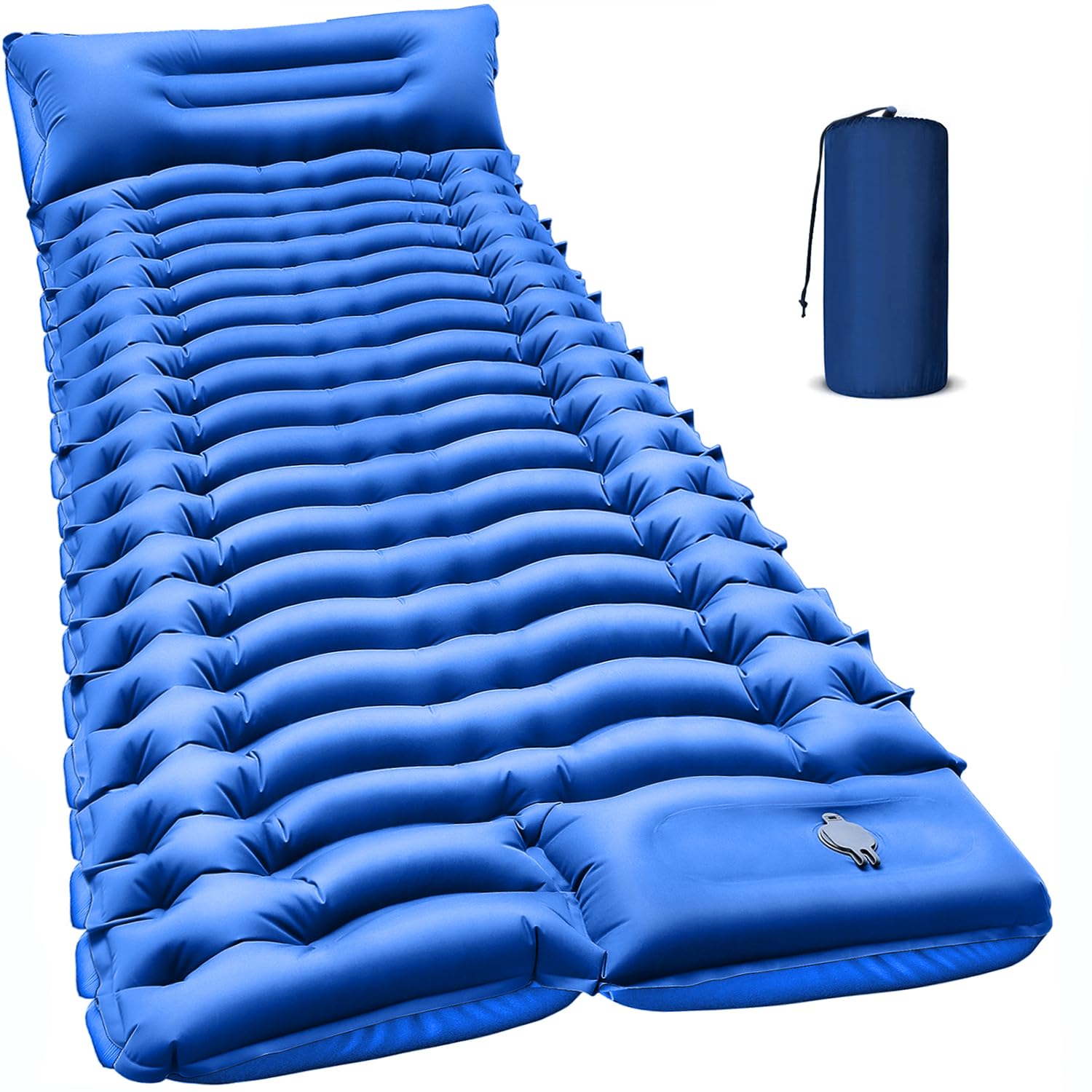 FUN PAC Camping Sleeping Pad with Pillow Built-in Foot Pump Inflatable Sleeping Mat Compact for Camping Backpacking Hiking Traveling - Blue
