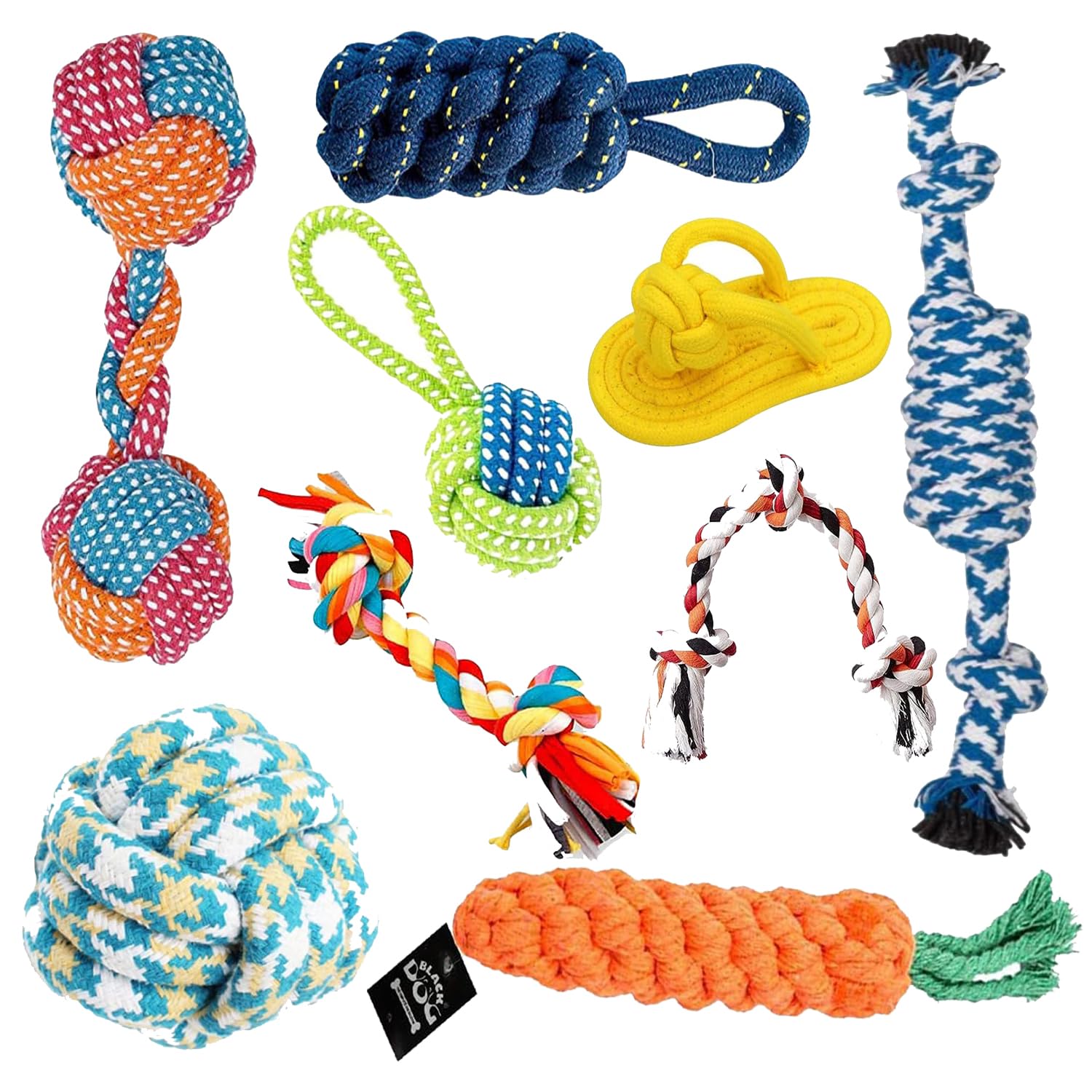 BLACKDOG Durable Chew Teething Rope Toy for Small to Medium Dogs Interactive Rope Toy to Play - (2 Knot + Slipper + Banana + Tennis + Handle Rope + Cotton Ball + Carrot) (Combo of 9) (B0CM6XMYNZ) Amazon Price History, Amazon Price Tracker
