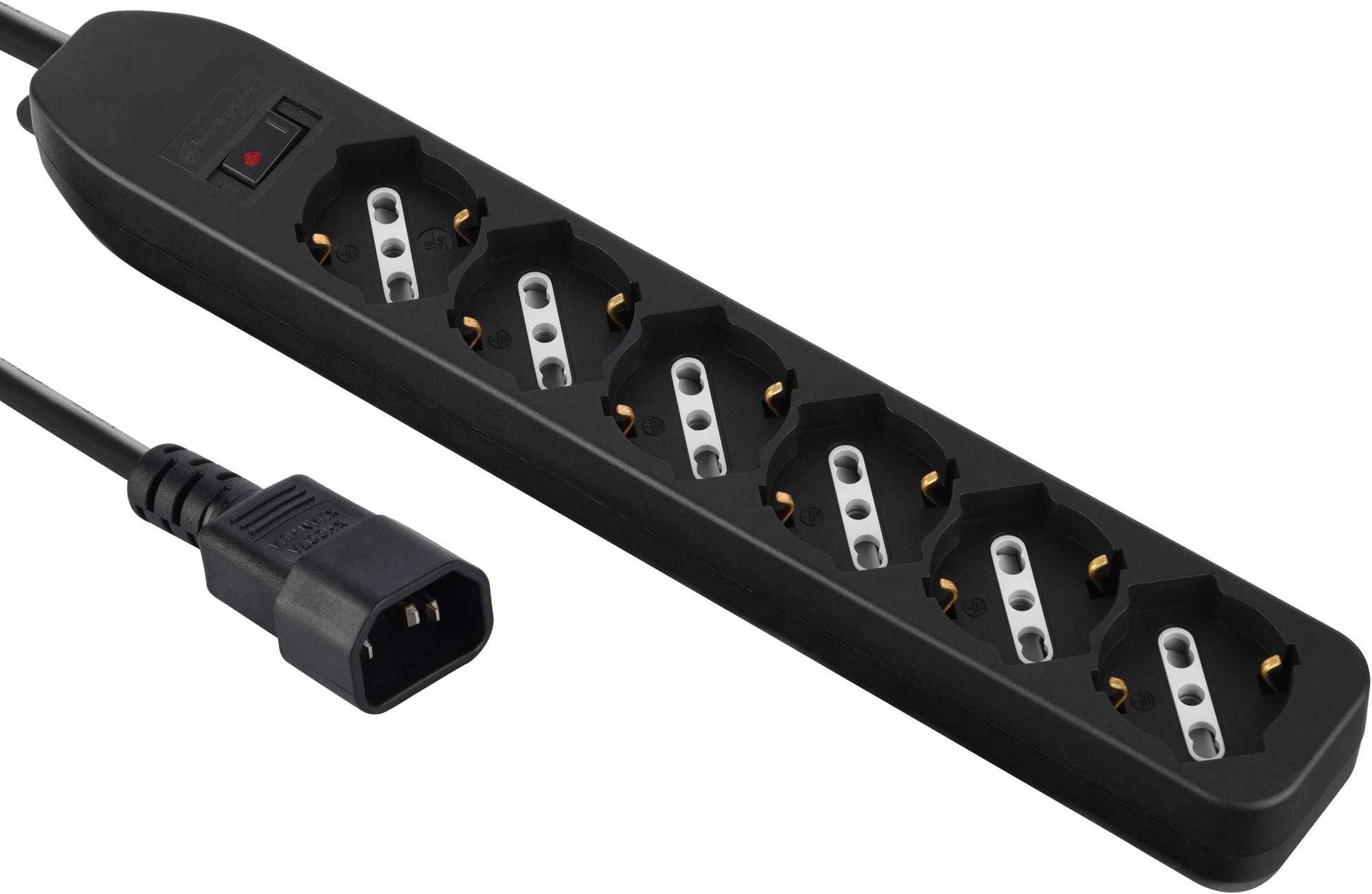 62067 Power Strip for UPS with 6 Bivalent Sockets 10/16A with Safety Switch, Input Plug Type VDE C14, Cable 1.5 m, Black