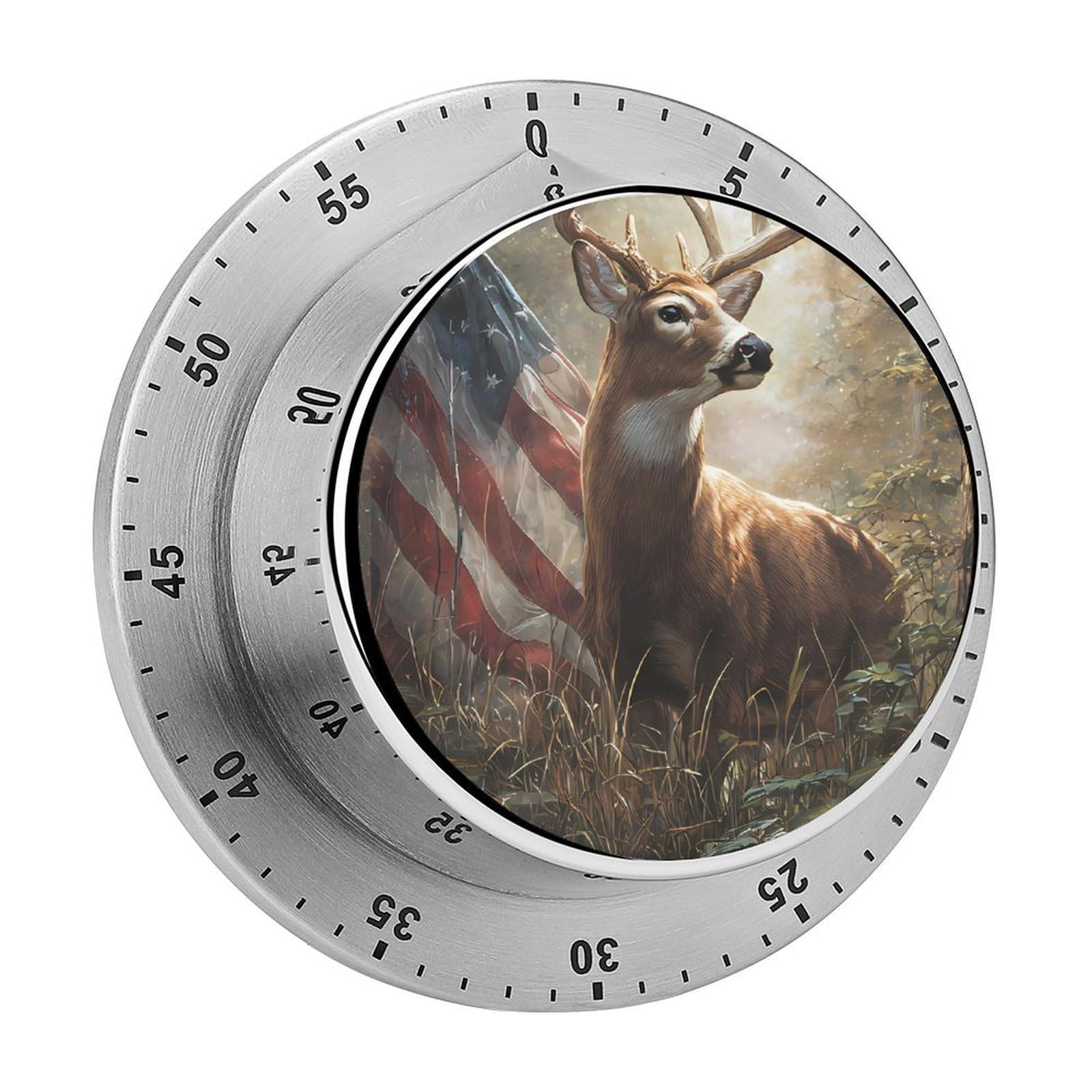 Deer in s with U.S.A. Flag Mechanical Timer with Alarm for Kitchen Cooking Productivity Stainless Steel Timers
