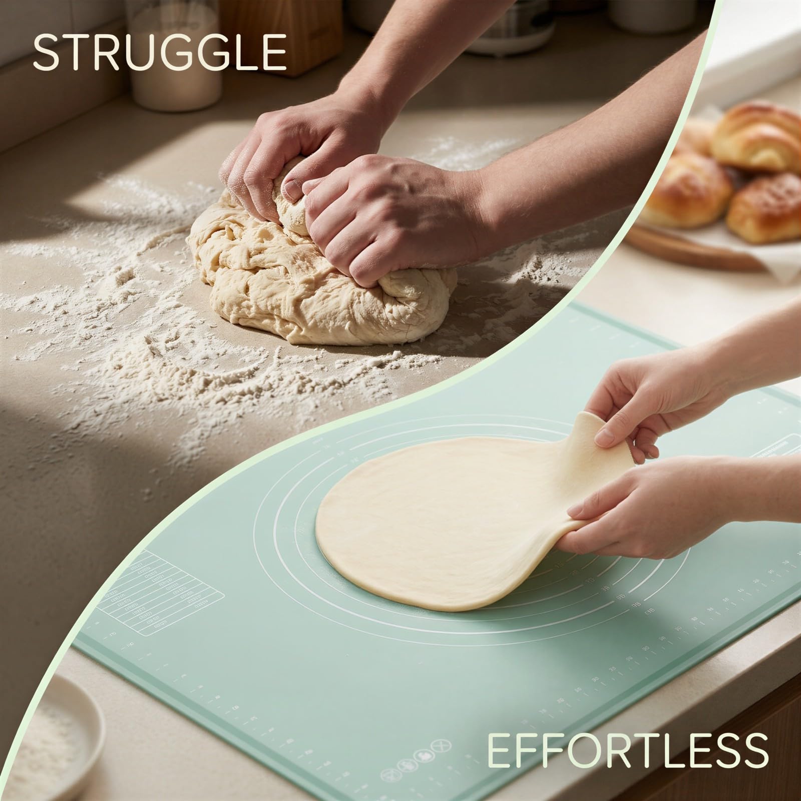 Tapis à pâtisserie en silicone antidérapant, grand tapis pour étaler la pâte, silicone de cuisine avec repères de mesure et tableaux de conversion, pour pétrir pizza, tarte, fondant