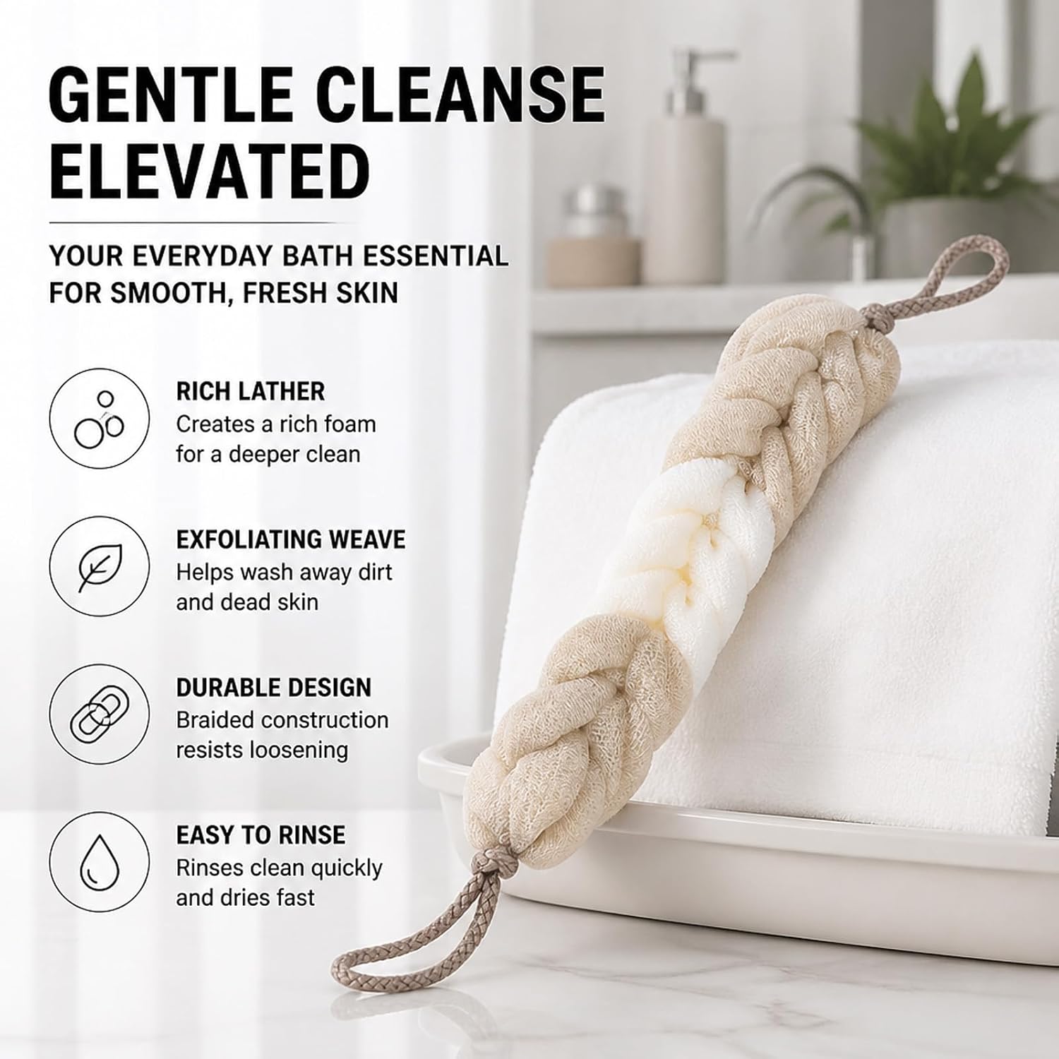 Polyester Bath Mat 17 x 30 Inches Non Slip Shower Mat with Bath Accessories | Polyester bath mat with suction cups & 200+ drain holes; comes with back scrub strip and foot file for family bathroom use