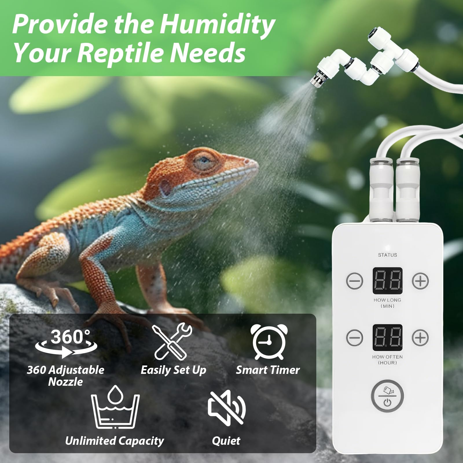 Impianto di irrigazione per terrario, umidificatore intelligente per rettili, con timer e ugelli di spruzzo, regolabile a 360°, per terrario, foresta pluviale, terrari, anfibi, rettili