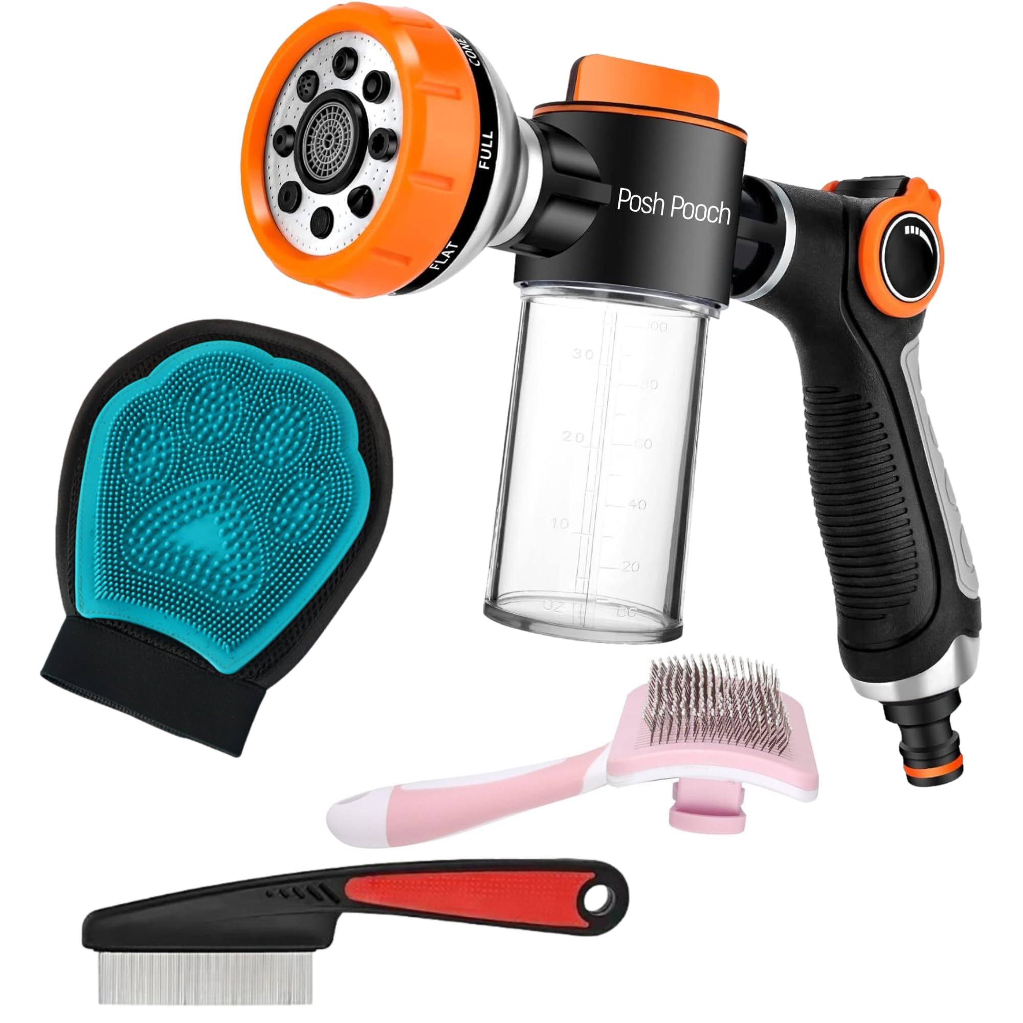 8 in 1 Garden Hose Nozzle Pet Sprayer Kit, Upgraded Pup Jet Dog Wash with 100ml Soap Dispenser Bottle and Dog Shower Mitt, Comb & Brush, Ideal for Watering Flowers, Car Washing, Dog and Horse Bathing