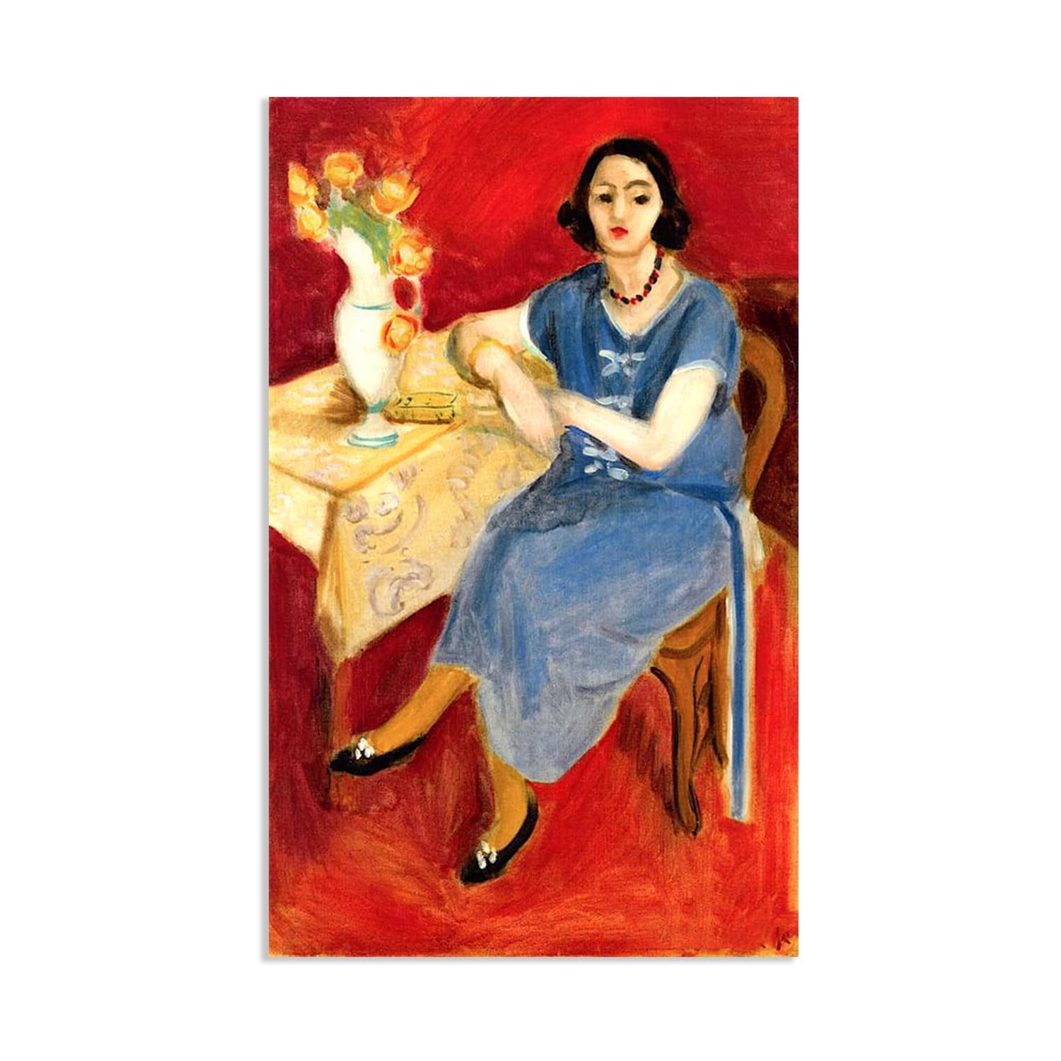 Mycggdgh Framed Henri Matisse Painting Reproduction Woman In Blue At A Table Red Henri Matisse Abstract Art Canvas Wall Reproductions Classic Poster For Living Room Bathroom Office 70X120cm(28X47in) Poster