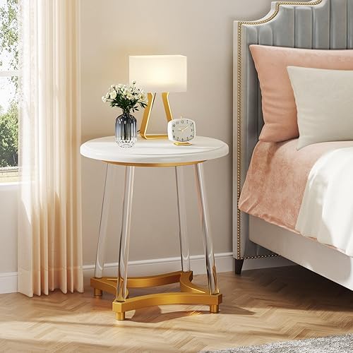Miniatura 4 de LITTLE TREE Mesa auxiliar redonda, moderna mesa auxiliar blanca con patas acrílicas, pequeña mesa redonda decorativa para espacios pequeños, sala de