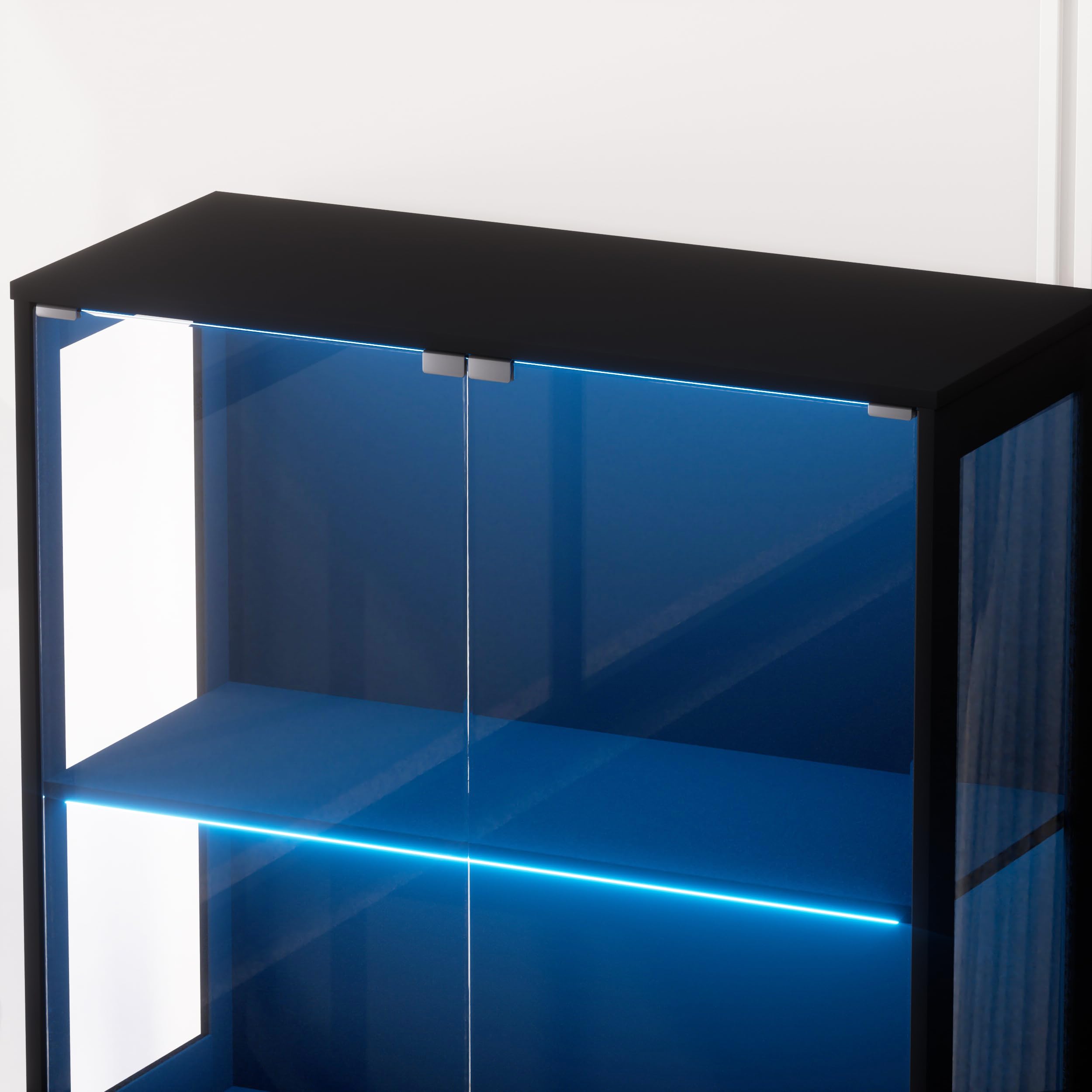 Vitrina de cristal de cuatro niveles con iluminación LED y espacio de almacenamiento – vitrina de cristal independiente con puertas de cristal, sensores inteligentes y armario de pantalla a prueba de