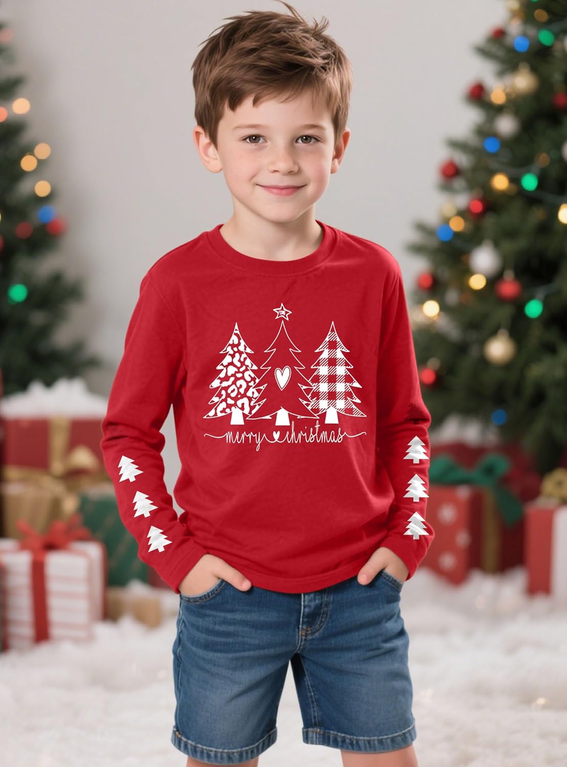 Kids Christmas Shirt Boys Girls Merry Christmas Tshirt Xmas Tree Long Sleeve Tops 5-14y - Image 5