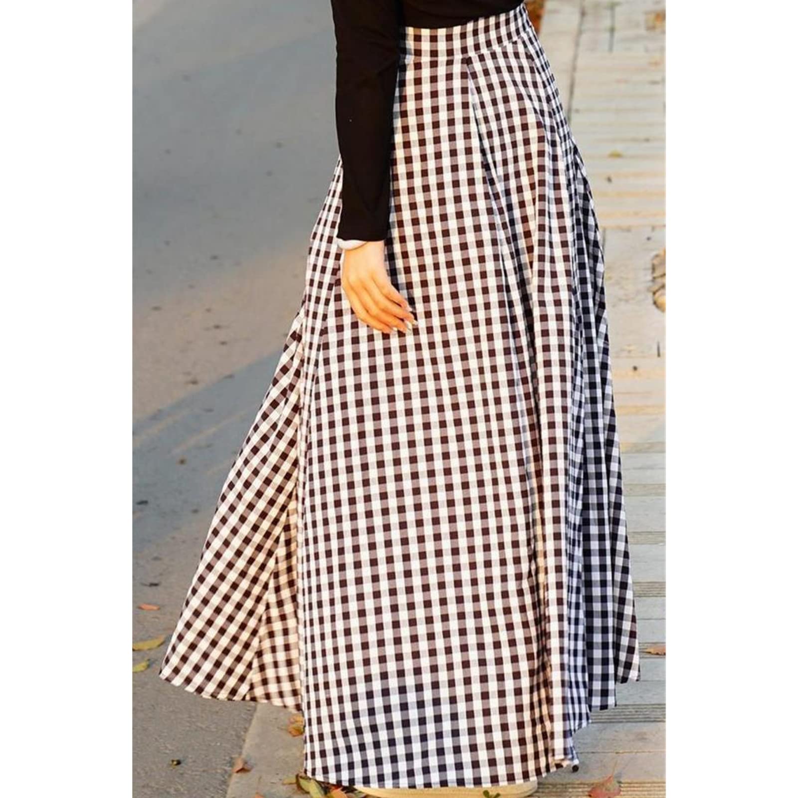 Falda larga a cuadros para mujer, falda larga de cintura alta, vestido largo, casual, elástico, falda acampanada para mujer, Negro, XXXXL