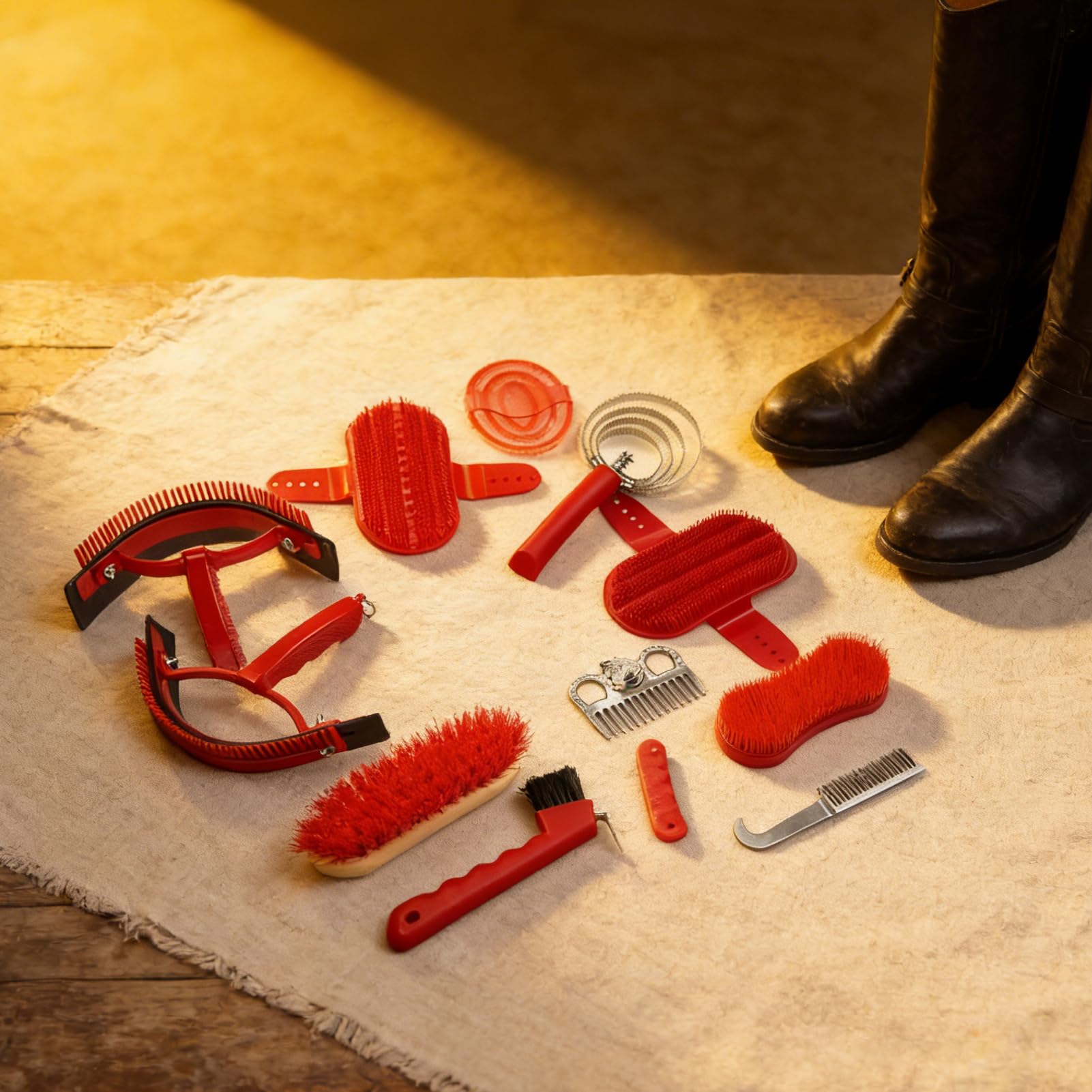 Aseo de caballos de alta calidad, herramienta de limpieza equina, kit de 10 piezas con cerdas suaves, juego de cepillos de madera duradero, cepillo de caballo con mango cómodo, kit de aseo para uso