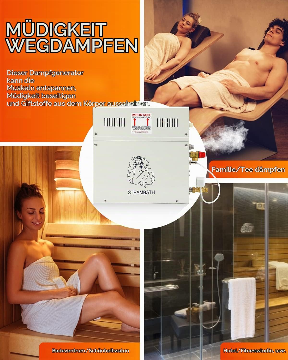 CGOLDENWALL 6KW Sauna Dampfgenerator 220V für Haus und Gewerbe, Sauna/Dusche/Bad/SPA, mit Automatischer Entwässerung, LED-Digital-Regler für 6 m³ Raum- Automatischer Thermostat 35-55℃