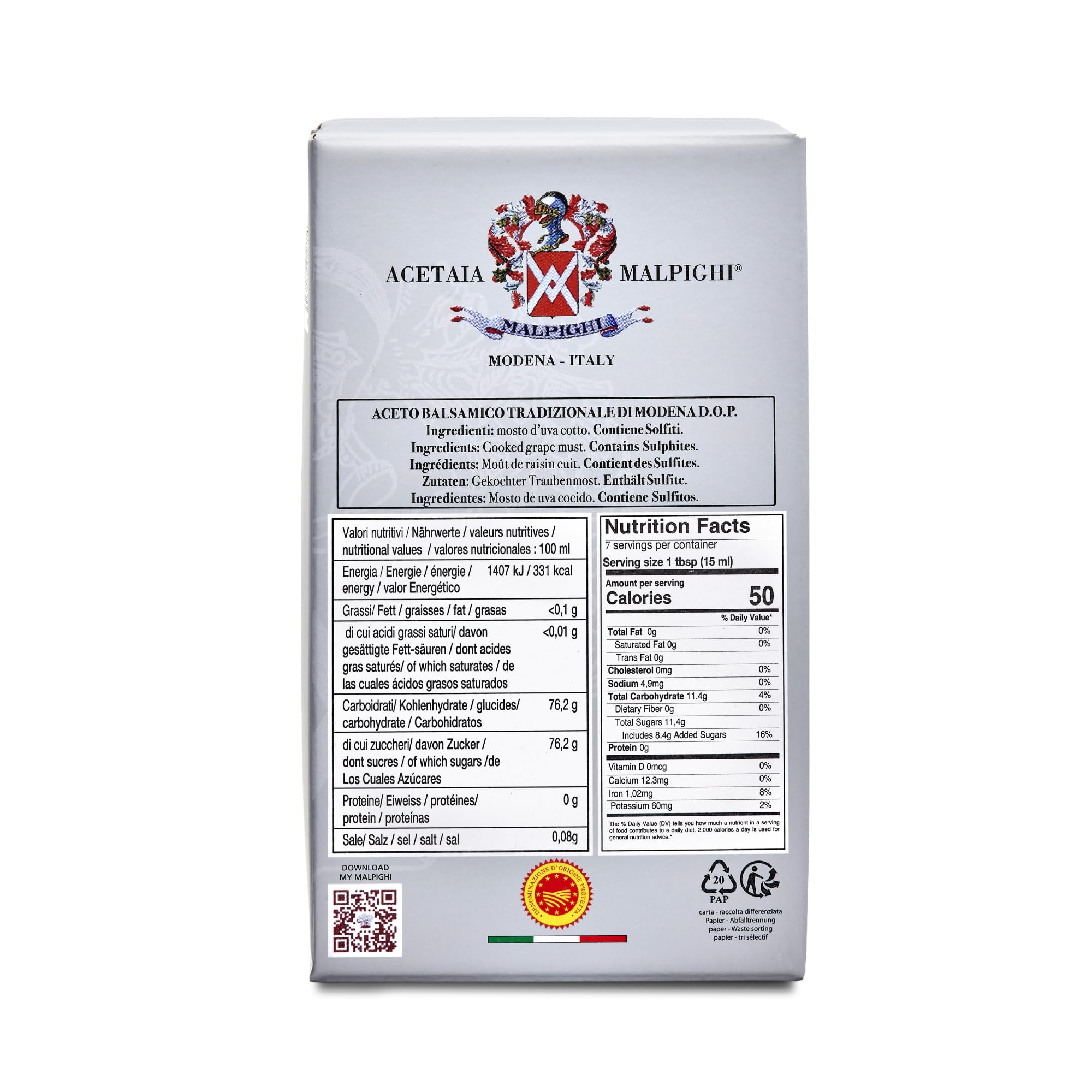 Acetaia Malpighi – Vinagre Balsámico Tradicional de Módena DOP Envejecido 12+ Años – 100 ml – Solo Mosto Cocido – Selección para Alta Gastronomía