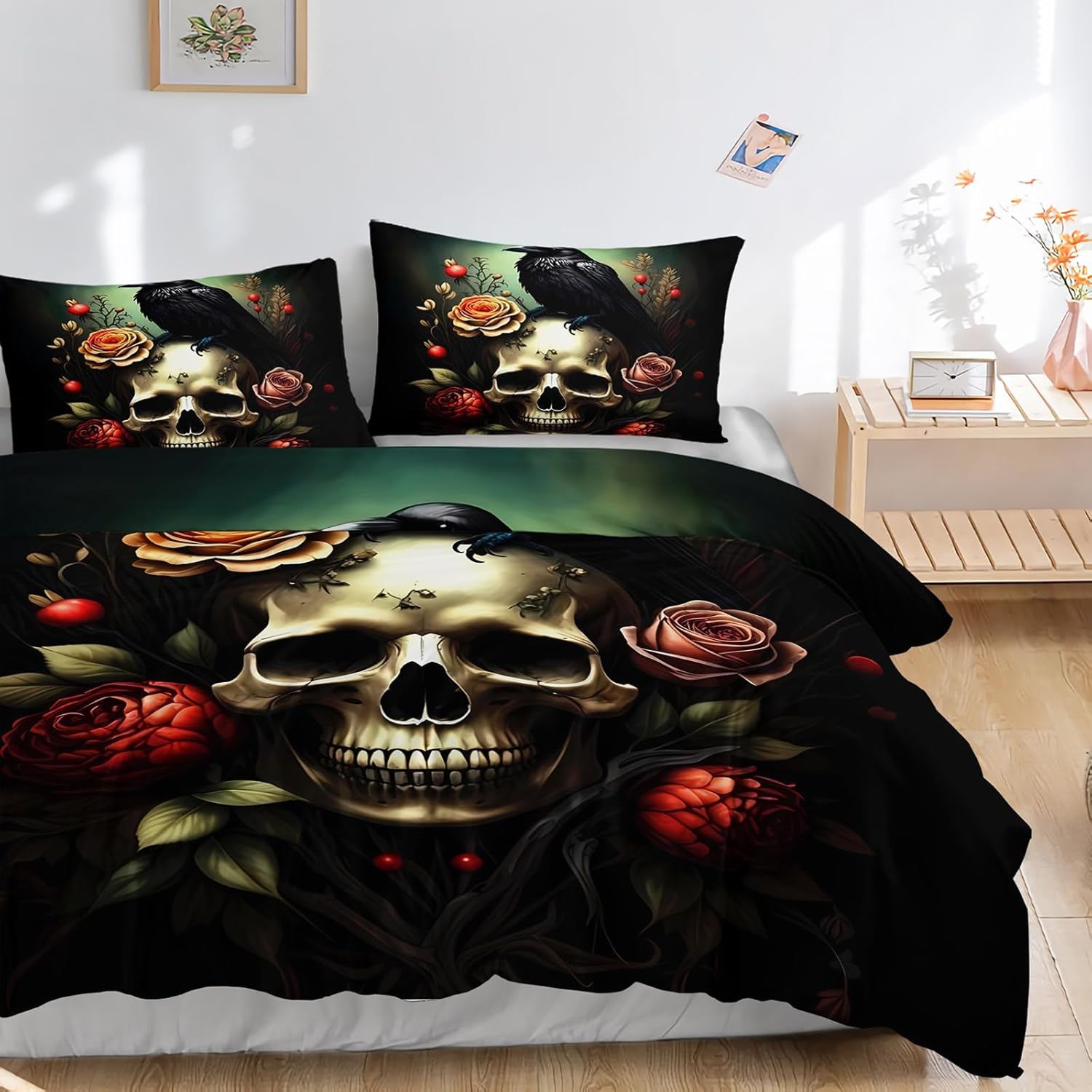AILONEN Gothic Skull Duvet Cover Set,Black Crow Bedding Sets Twin Size,Bohemian Style Bone Skeleton Comforter Cover,3-Piece,1 Quilt Cover + 2 Pillowcase,Soft Breathable