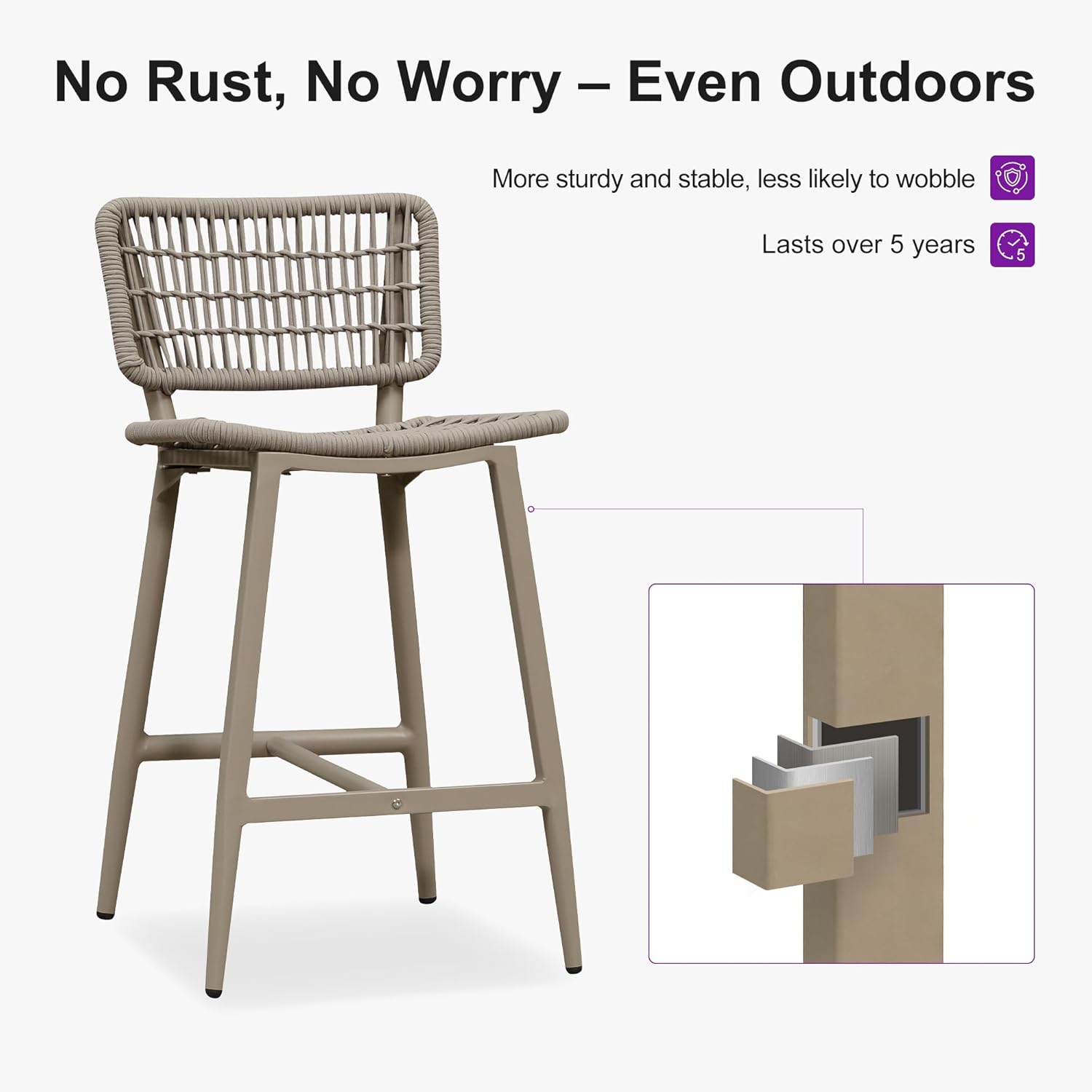 PURPLE LEAF Patio Counter Height Bar Stools Set of 2 Metal Bar Chairs with Back Wicker Woven Stools for Kitchen Island Pool Garden Outdoor Barstools Champagne