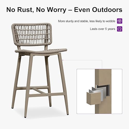 Miniatura 6 de PURPLE LEAF Juego de 2 sillas de bar de metal con respaldo de mimbre para cocina, isla, piscina, jardín, taburetes de bar al aire libre, champán