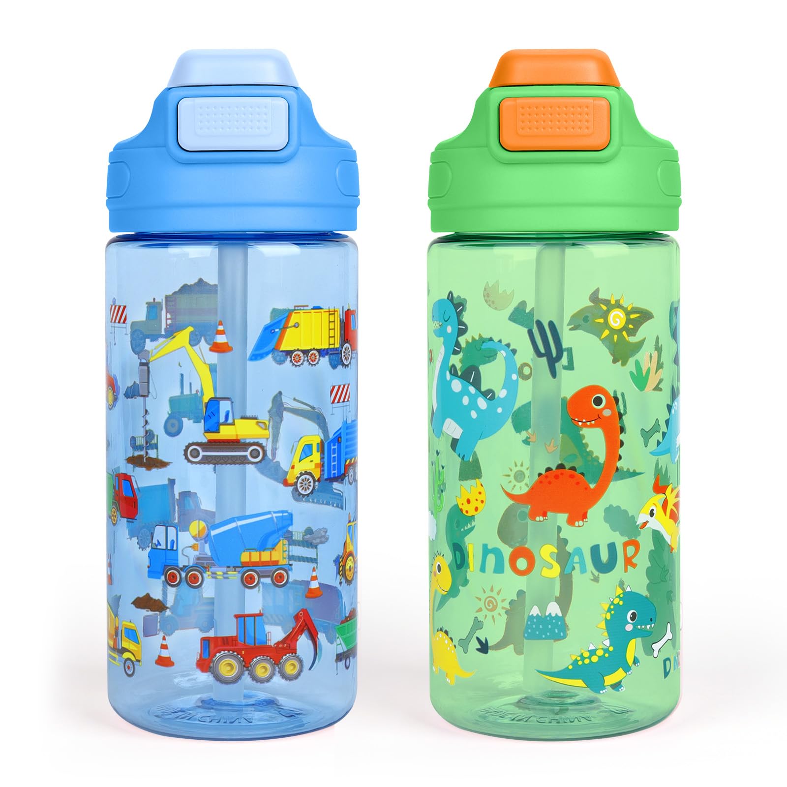 Kids Water Bottle with Straw,2 Packs 480ml BPA-Free Childrens Water Bottle with Carry Handle,Leakproof Water Bottle for Kids Boys,Drinks Bottle for School Travel Sports-Blue Car+Green Dinosaur)