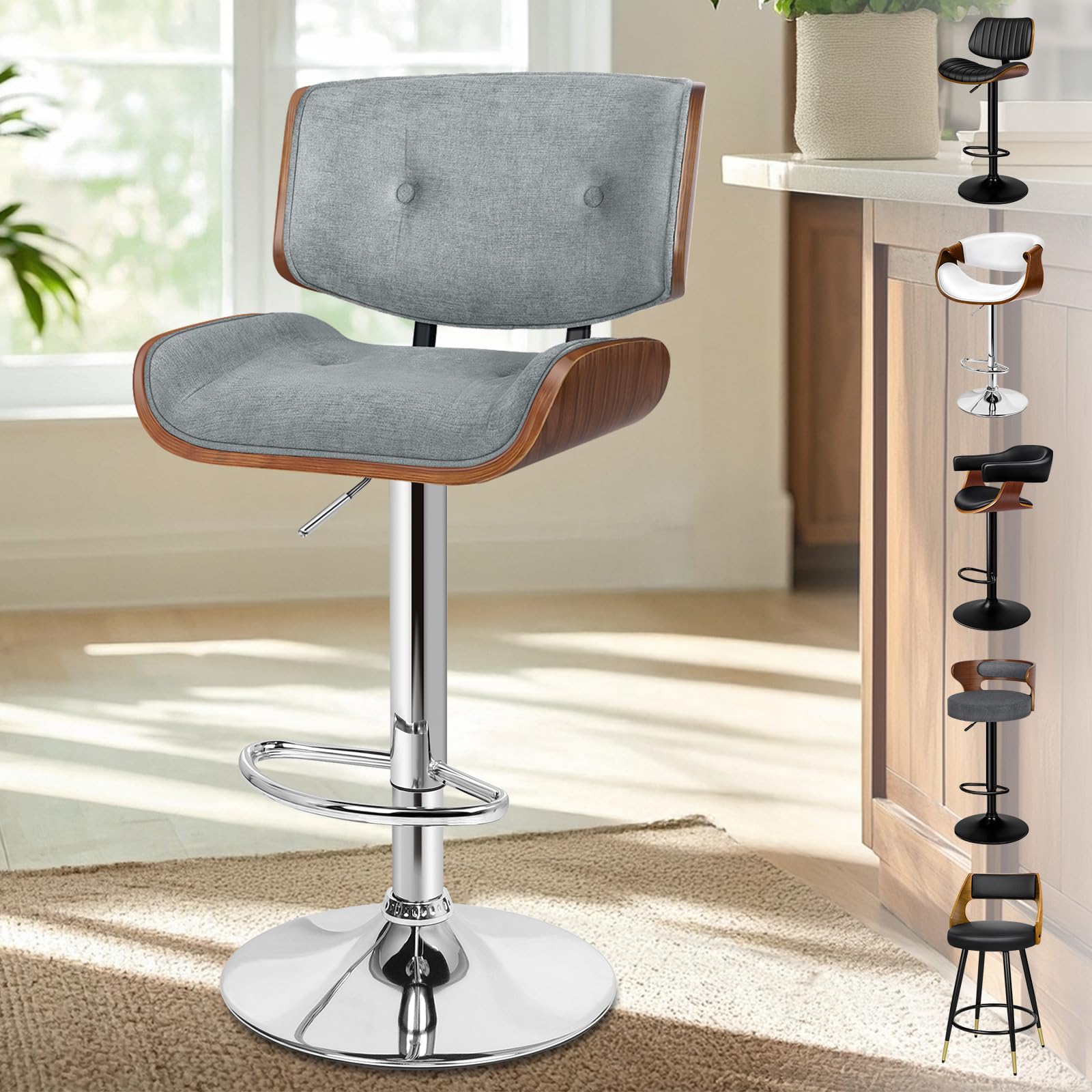 ALFORDSON Bar Stools, Wooden Breakfast Bar Stool with Back, 360° Swivel Linen Fabric Kitchen Barstools with Footrest, Height Adjustable Armless Counter Chairs for Home Bar, Kitchen Island, Grey, 1PC — image 1