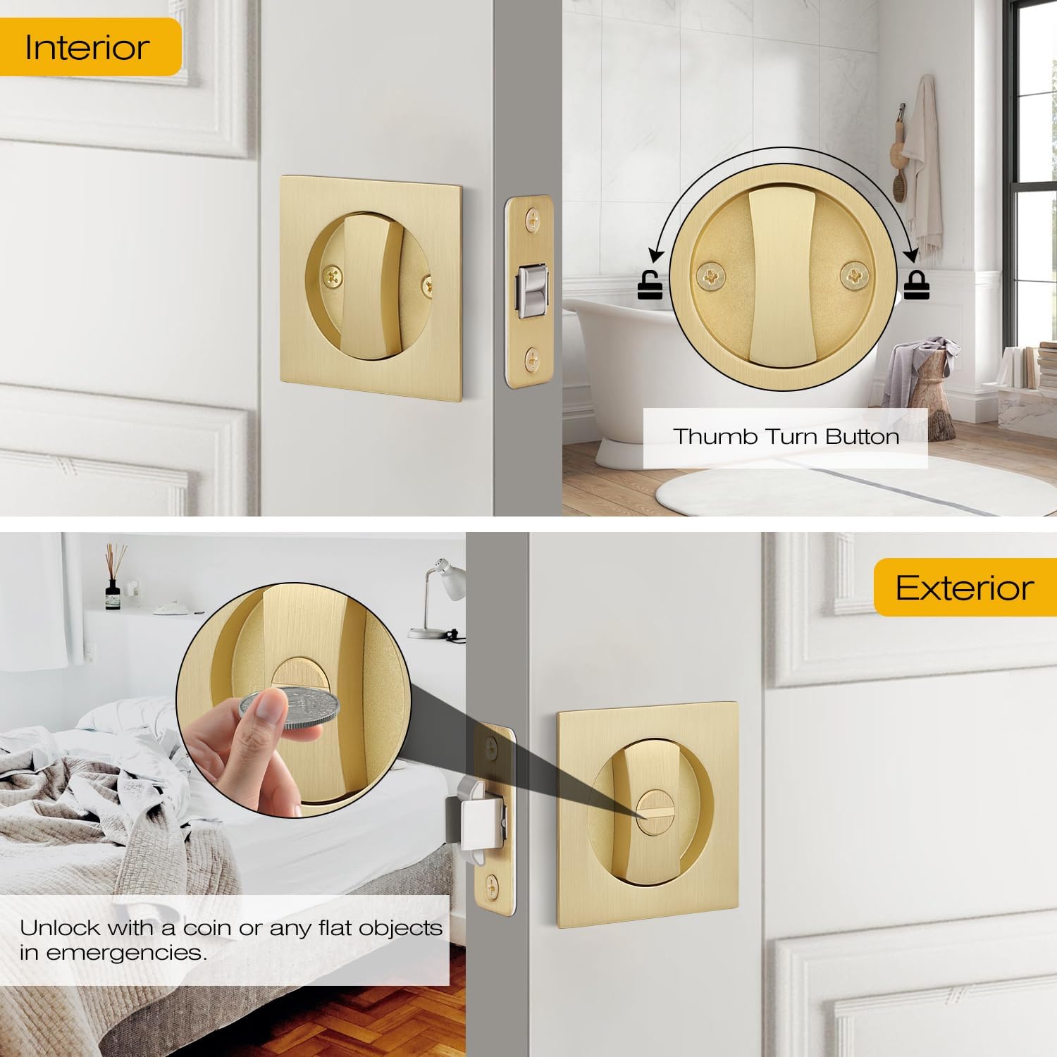 2 Pack Pocket Door Lock, Gold Pocket Door Latch, Interior Pocket Door Hardware, Privacy Function, Recessed Door Knob without Key, Universal for Left/Right Opened Doors, Modern Square Hardware