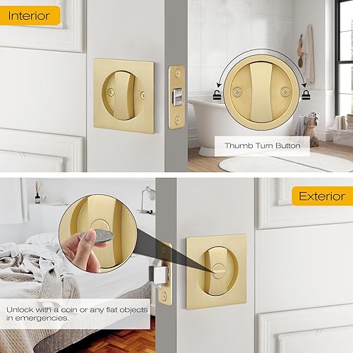 Miniatura 2 de Paquete de 2 cerraduras de puerta de bolsillo, cierre de puerta de bolsillo dorado, herrajes para puerta de bolsillo interior, función de