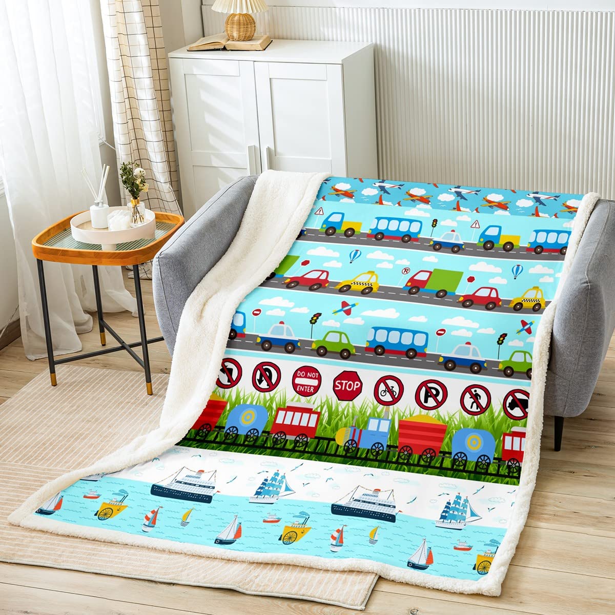 Coperta in pile per bambini, per auto, aereo, treno, barca, Sherpa, per bambini, ragazzi, ragazze, veicoli terrestri e aerei, coperta morbida sfocata per divano letto, queen 200 x 200 cm