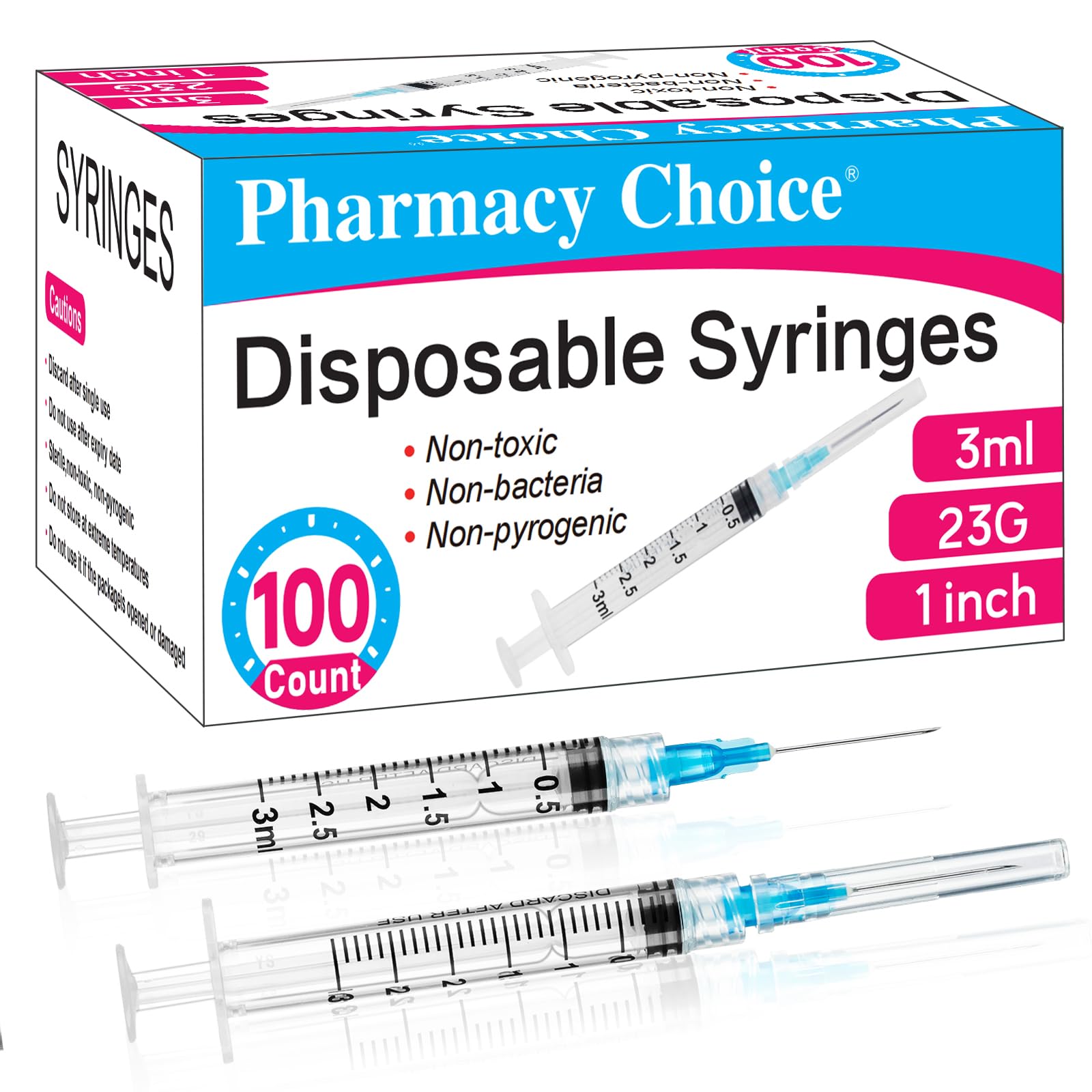 100 Pack Disposable 3ml/cc Lab Syringes with 23Ga 1 Inch Needle Luer Lock, Individually Sealed Packed. 100PACK