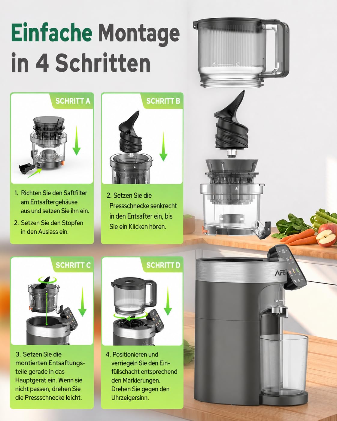 2026 Verbesserter Slow Juicer, Entsafter mit 155 MM Breitem Einfüllschacht und 2,5 L Einfülltrichter, 3-in-1 Smart Touch Juicer Machine für ganze Früchte/Gemüse, Sorbet und Nussmilch (Gray-B)