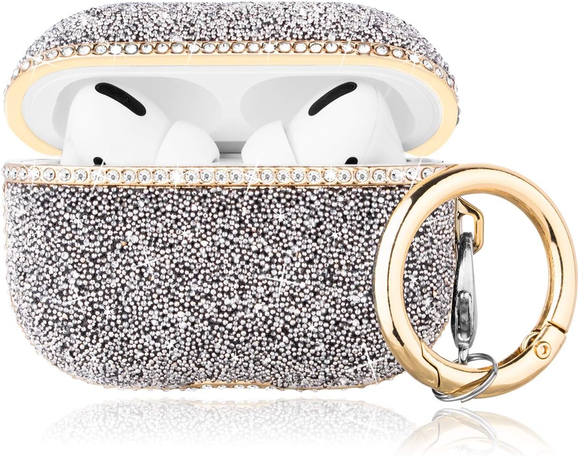 Caka AirPods Pro Case Cover, AirPods Pro Glitter Case for Women Girls Diamond Rhinestone Bling Shiny Protective Case with Keychain for AirPods Pro (Silver)