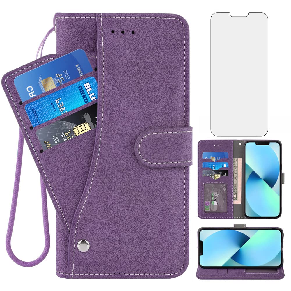 Asuwish Compatible with iPhone 14 Pro 6.1 inch Wallet Case and Tempered Glass Screen Protector Flip Card Holder Stand Cell Phone Cover for iPhone14Pro 5G i i-Phone i14 iPhone14 14Pro Women Men Purple