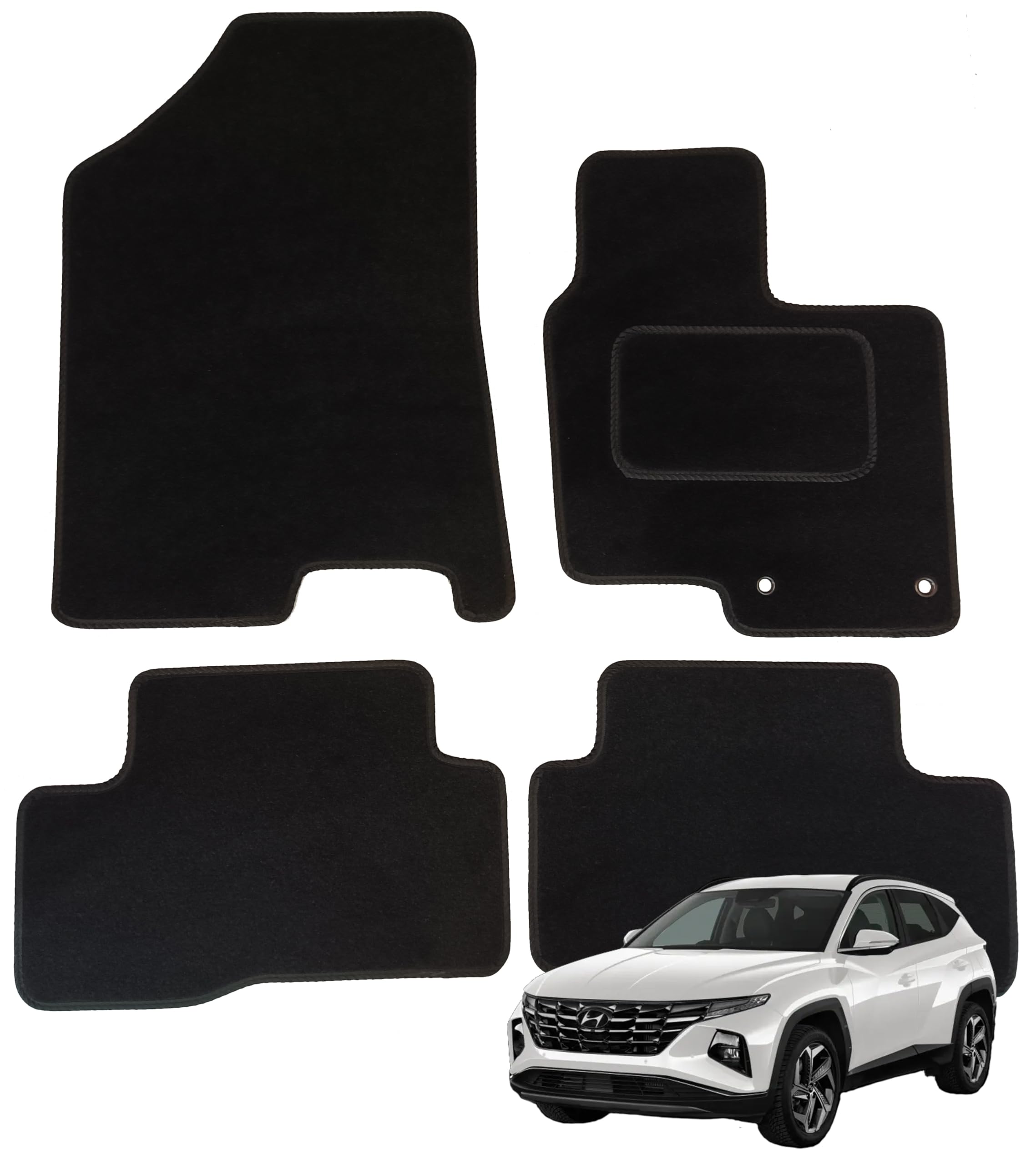 Tapis de voiture sur mesure pour Hyundai Tucson 2021-2025 hybride - Lot de 4 tapis de sol noirs avec bordure noire et 2 clips de sécurité