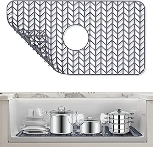 AWOKE Sink Protectors for Kitchen Sink - 26"x 14" Sink Mat - Heat-resistant Easy-clean Silicone Sink Mat - for Protection of Stainless Steel Sink - with Center Drain (Grey),Kitchen Sink Accessories