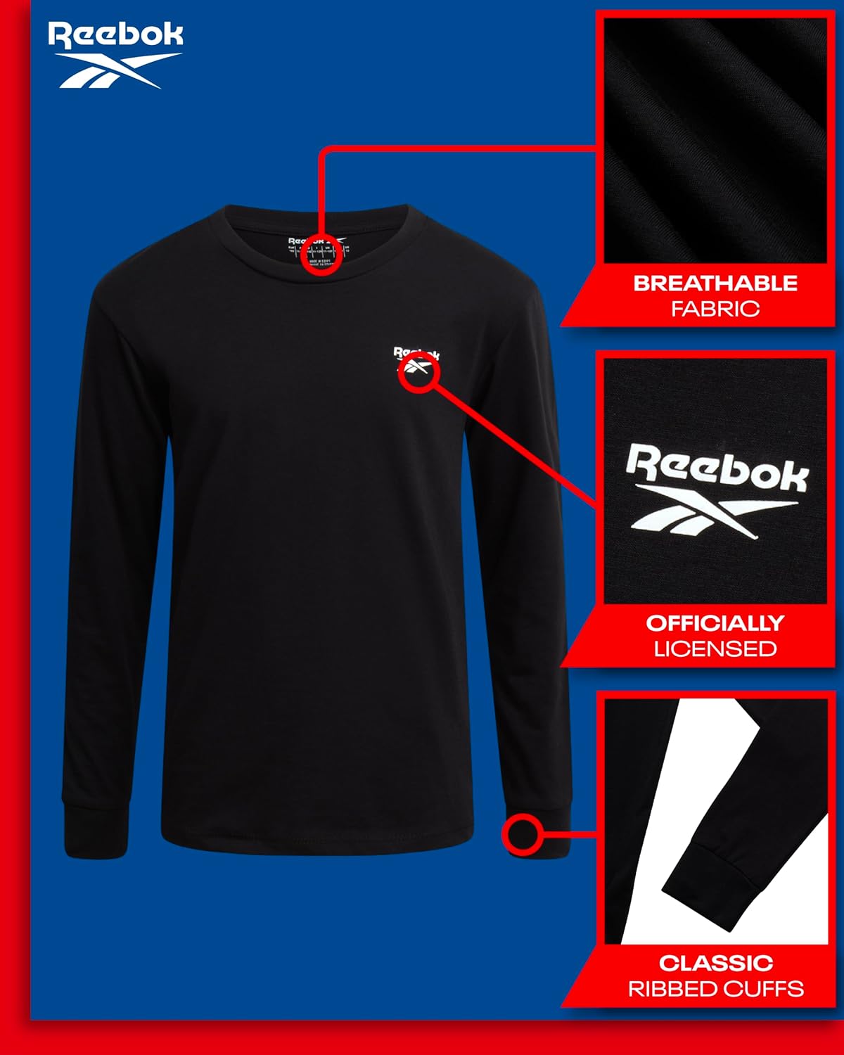 Reebok Boys' Long Sleeve Athletic Top, Soft Stretch Cotton